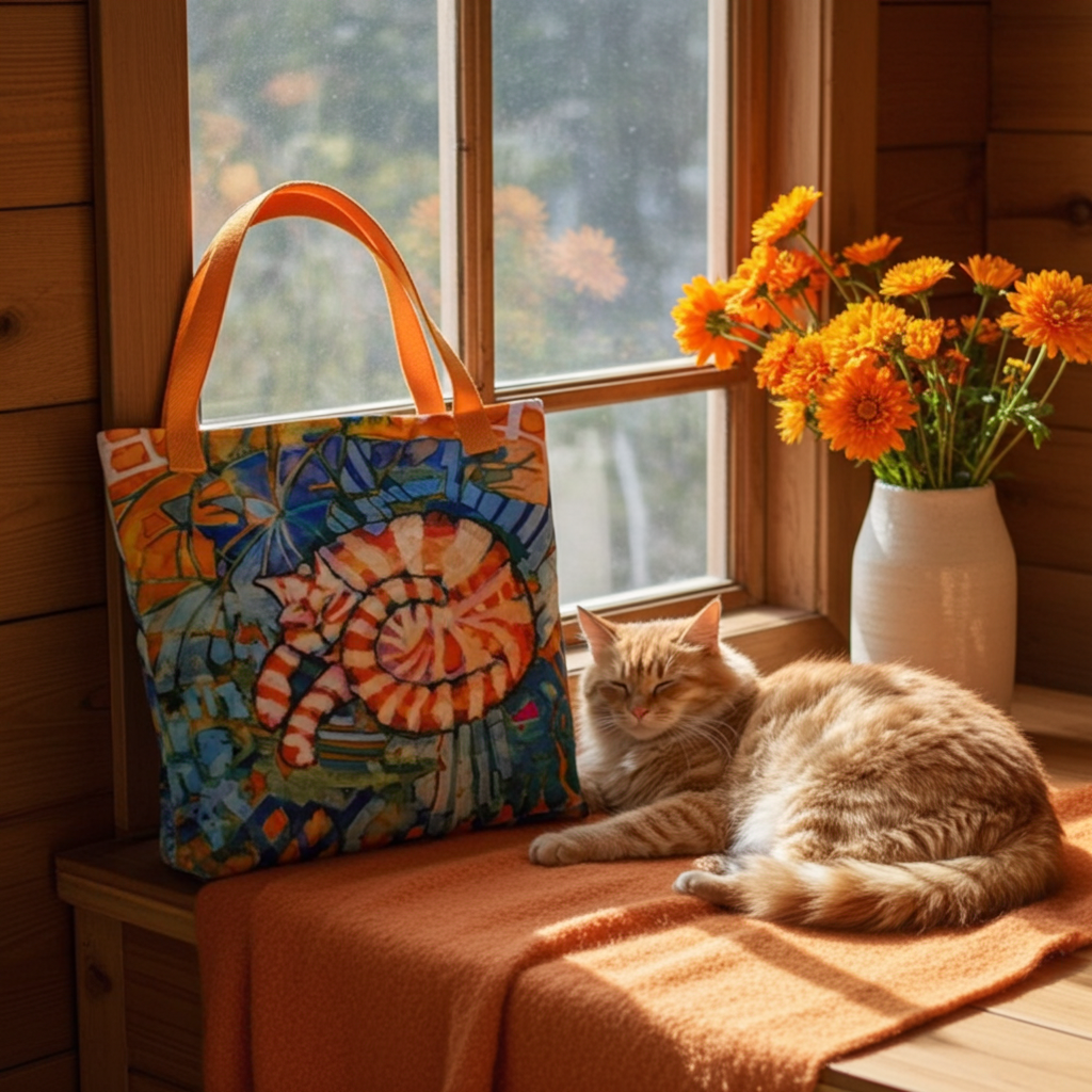 Sleeping ginger cat tote bag with colorful artistic design placed by window next to a sleeping ginger cat and orange flowers
