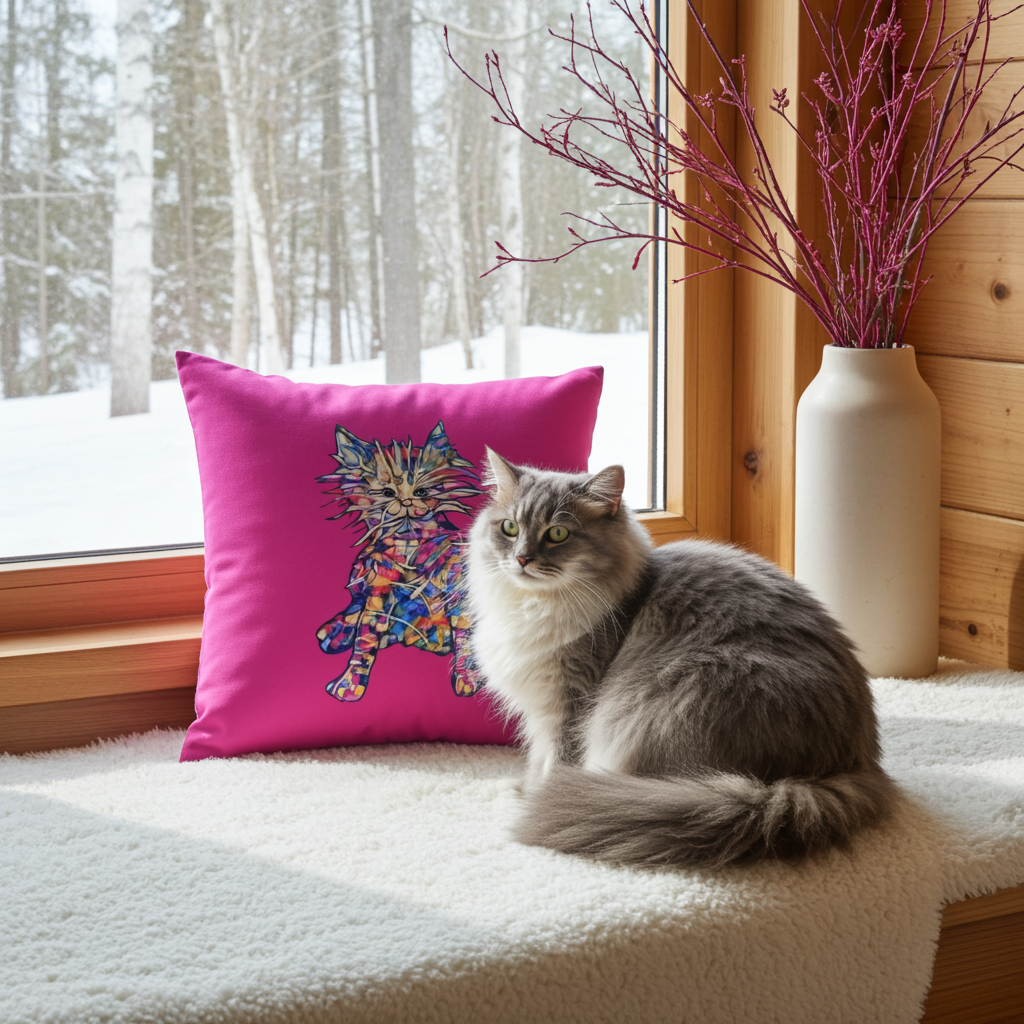 Busy Cat Pillow with colorful cat artwork on pink background next to gray fluffy cat on window seat