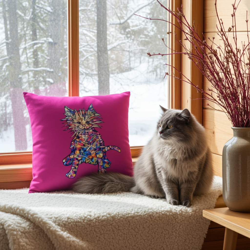 Busy Cat Pillow with colorful cat artwork on vibrant pink fabric by Joy Calonico next to a gray cat in a cozy window nook