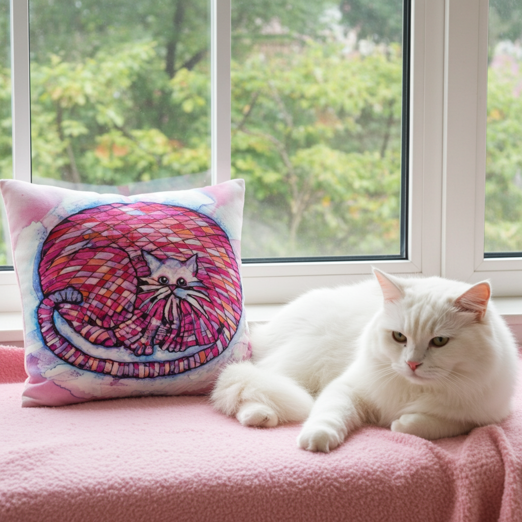 Big Pink Cat Pillow with colorful mosaic cat design on window seat next to white cat