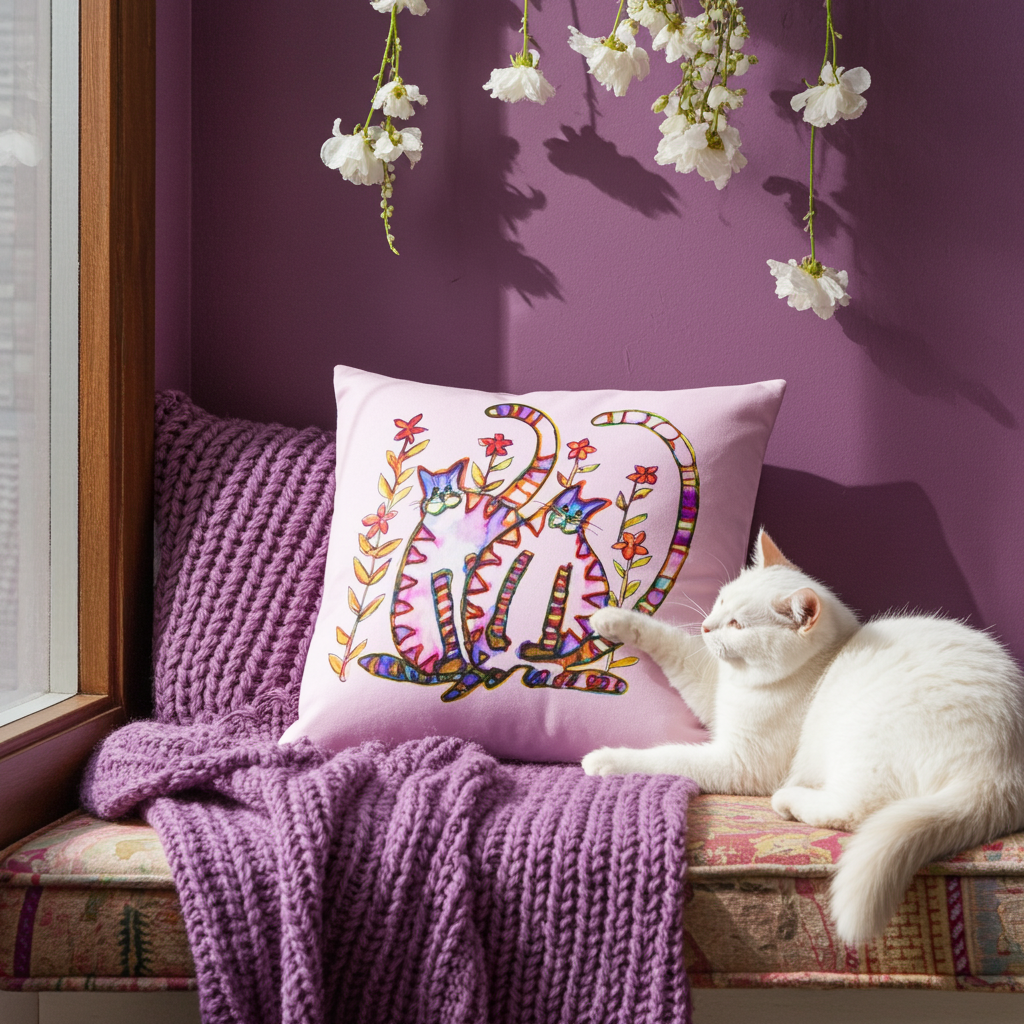 Two Cats Pink Pillow with colorful cat artwork on soft pink fabric, displayed on cozy purple knit blanket with white cat nearby in a purple room