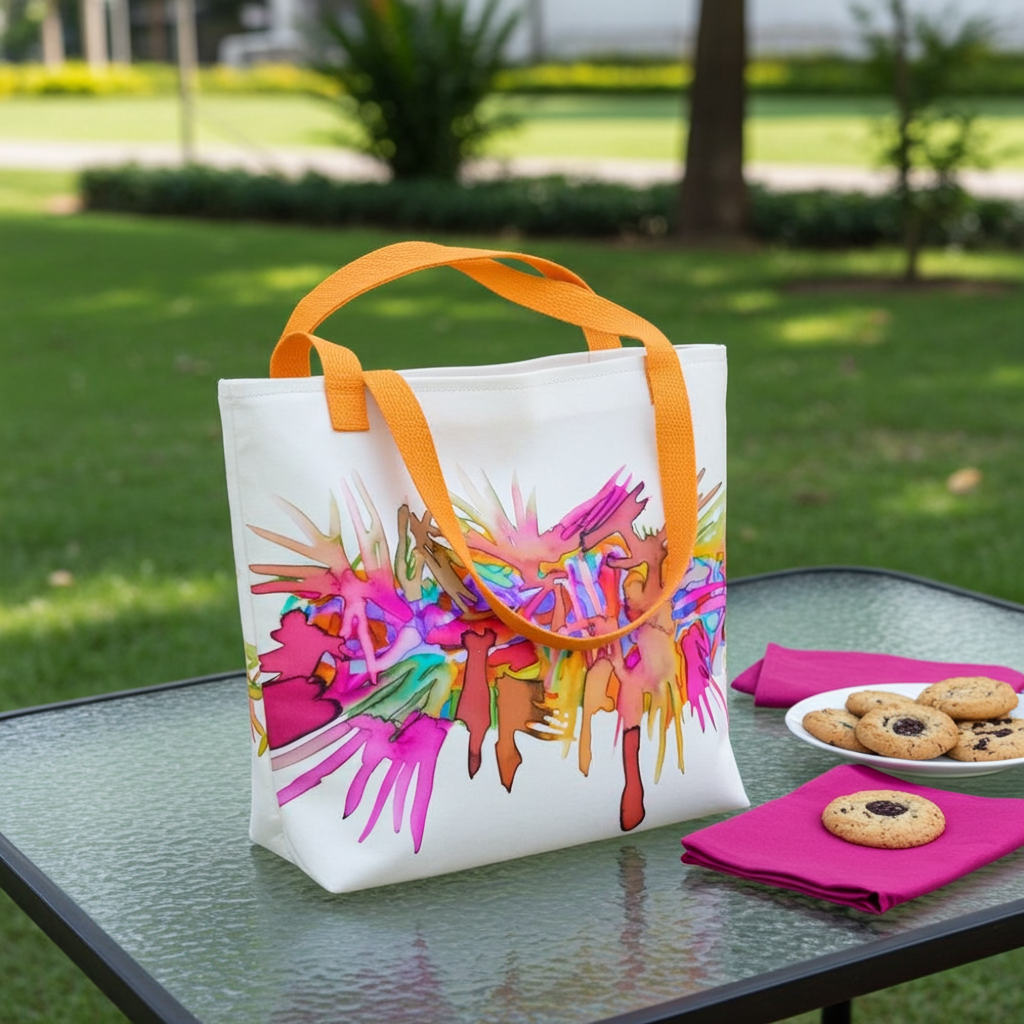 Caterpillar Abstract Tote Bag with colorful abstract artwork and orange handles on outdoor glass table