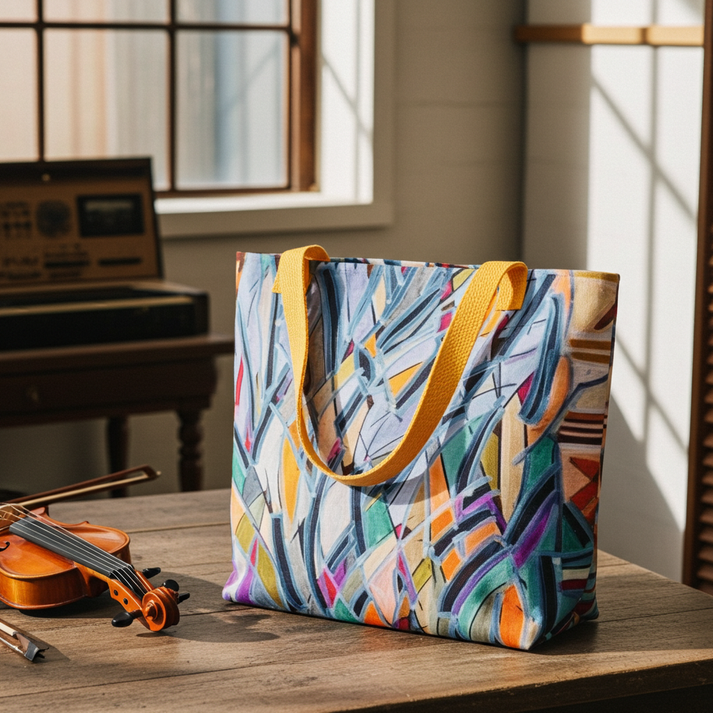 Sydney Opera Abstract Tote Bag with colorful geometric artwork and yellow handles on wooden table