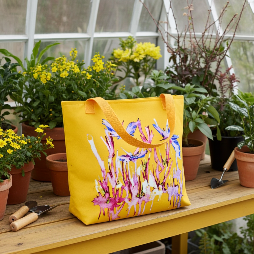 Yellow tote bag with blue butterflies abstract artwork by Joy Calnico on a wooden bench in a greenhouse