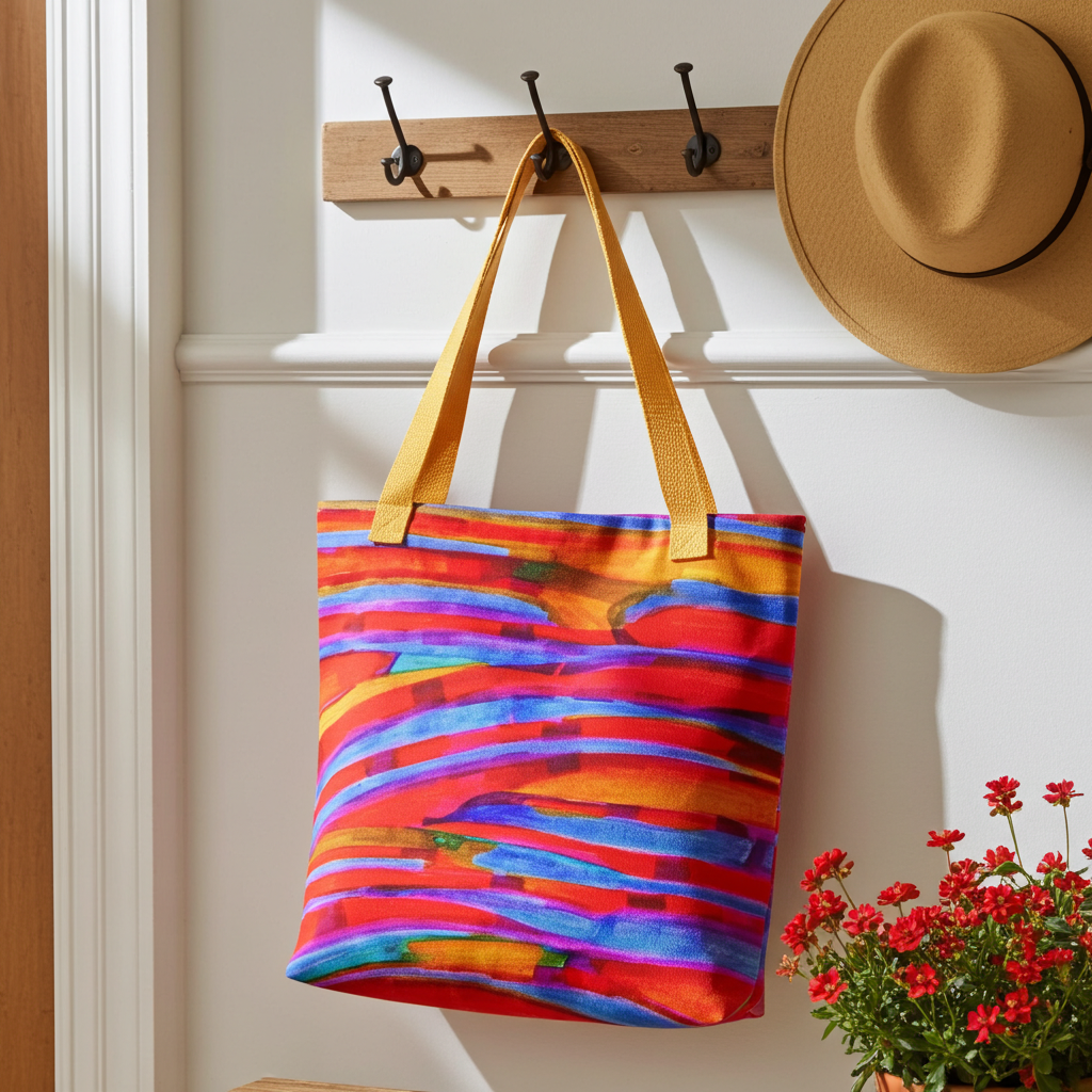 Colorful Gentle Slopes Abstract Tote bag with yellow handles hanging on wall hook next to hat and flowers