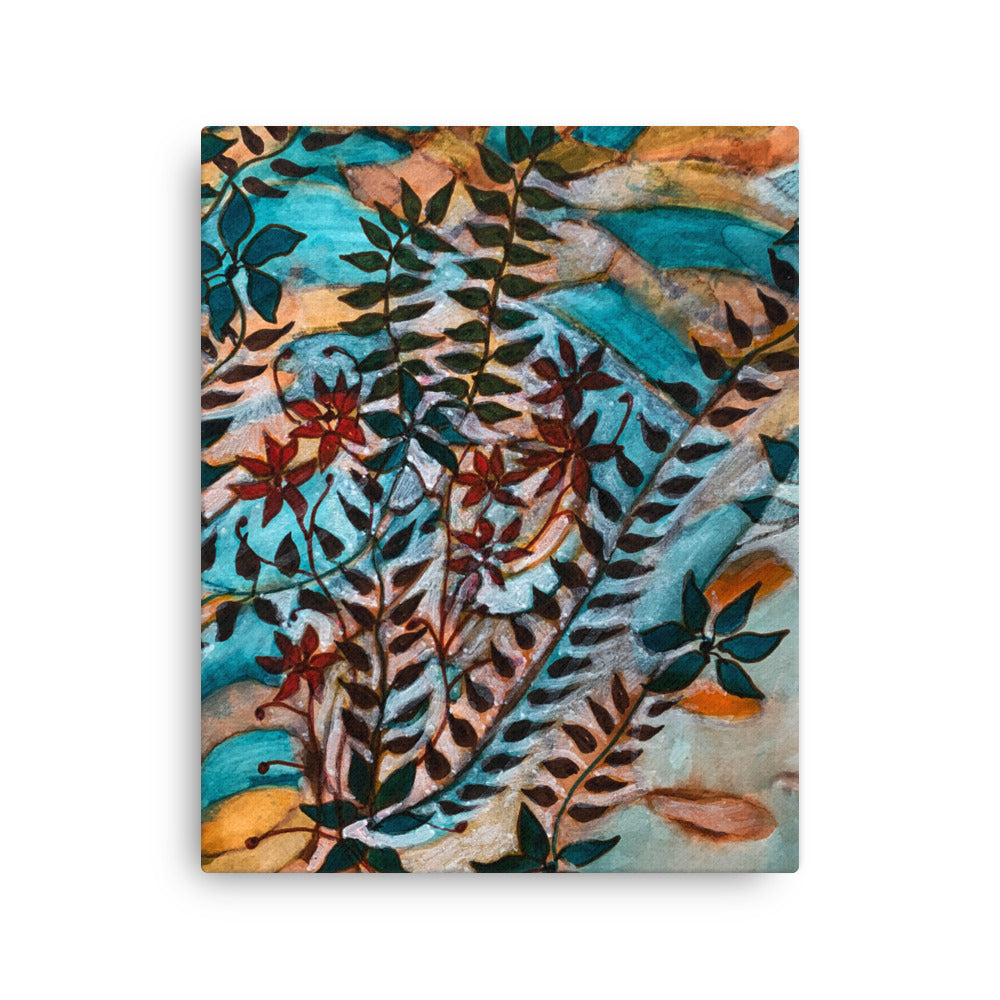 Teal Leaves Canvas Print Unframed