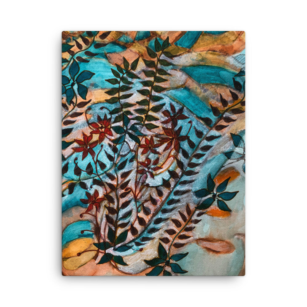 Teal Leaves Canvas Print Unframed