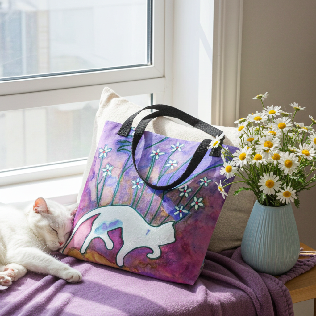 Sneaky Cat Tote Bag with cat artwork, spacious 15x15 inch polyester fabric, natural cotton handles, placed on window seat with white cat and flowers