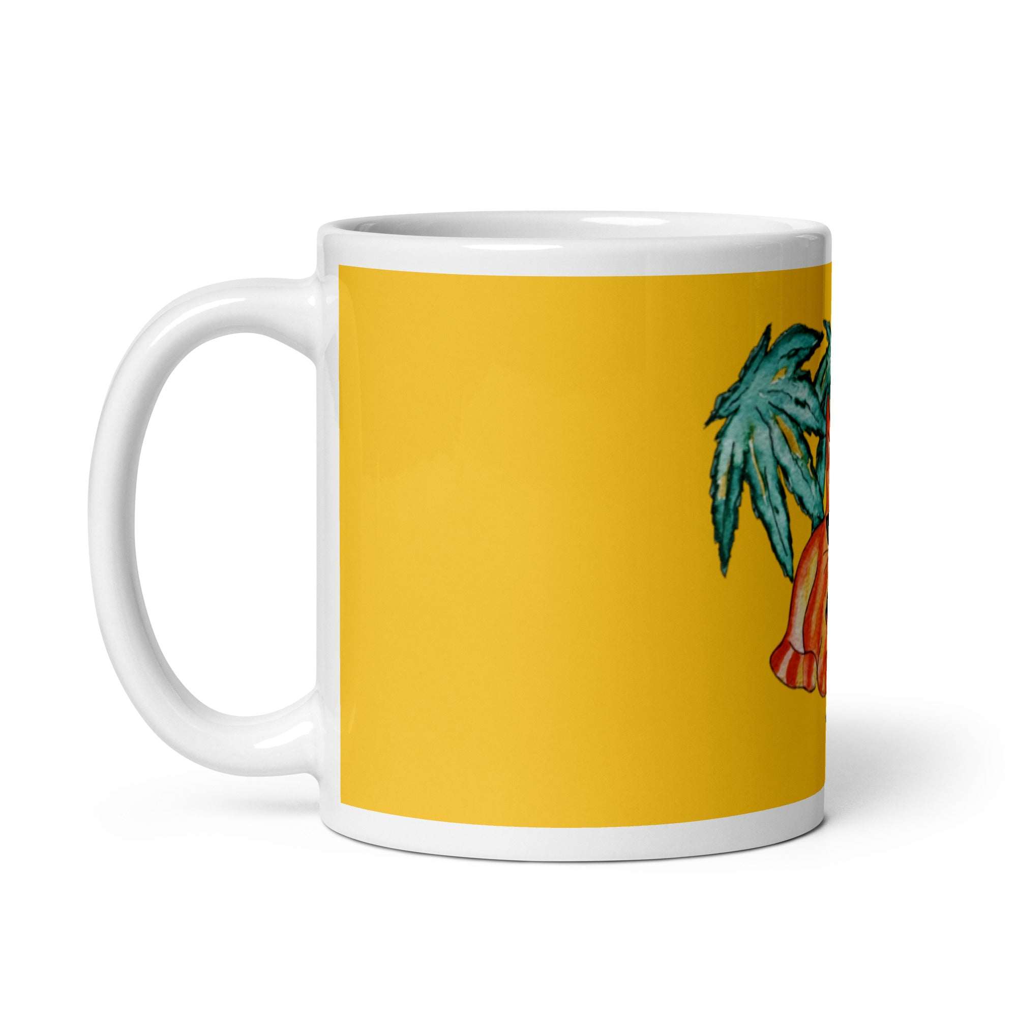 White ceramic mug with yellow background featuring a cool ginger cat artwork by Joy Calonico, microwave and dishwasher safe