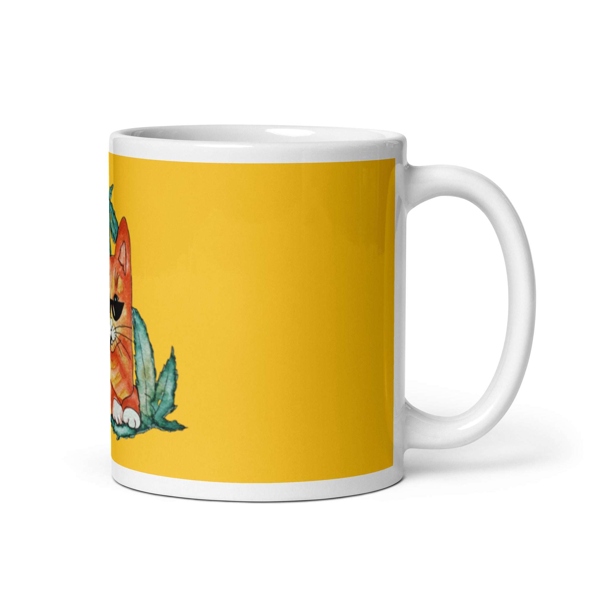 Cool Ginger Cat Mug with vibrant cat artwork on a yellow background, ceramic, microwave and dishwasher safe.