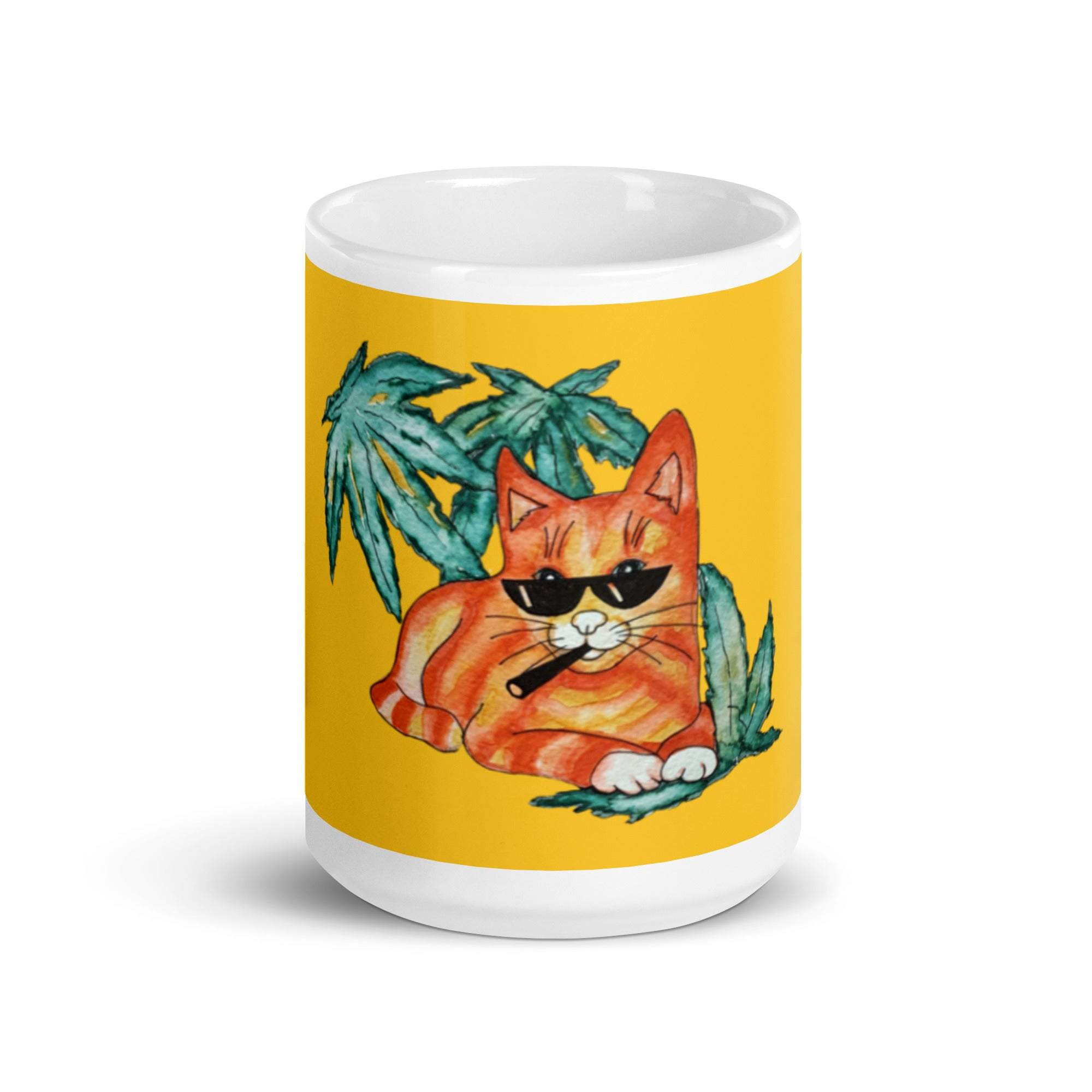 Cool ginger cat mug with sunglasses and tropical leaves on yellow background ceramic coffee cup