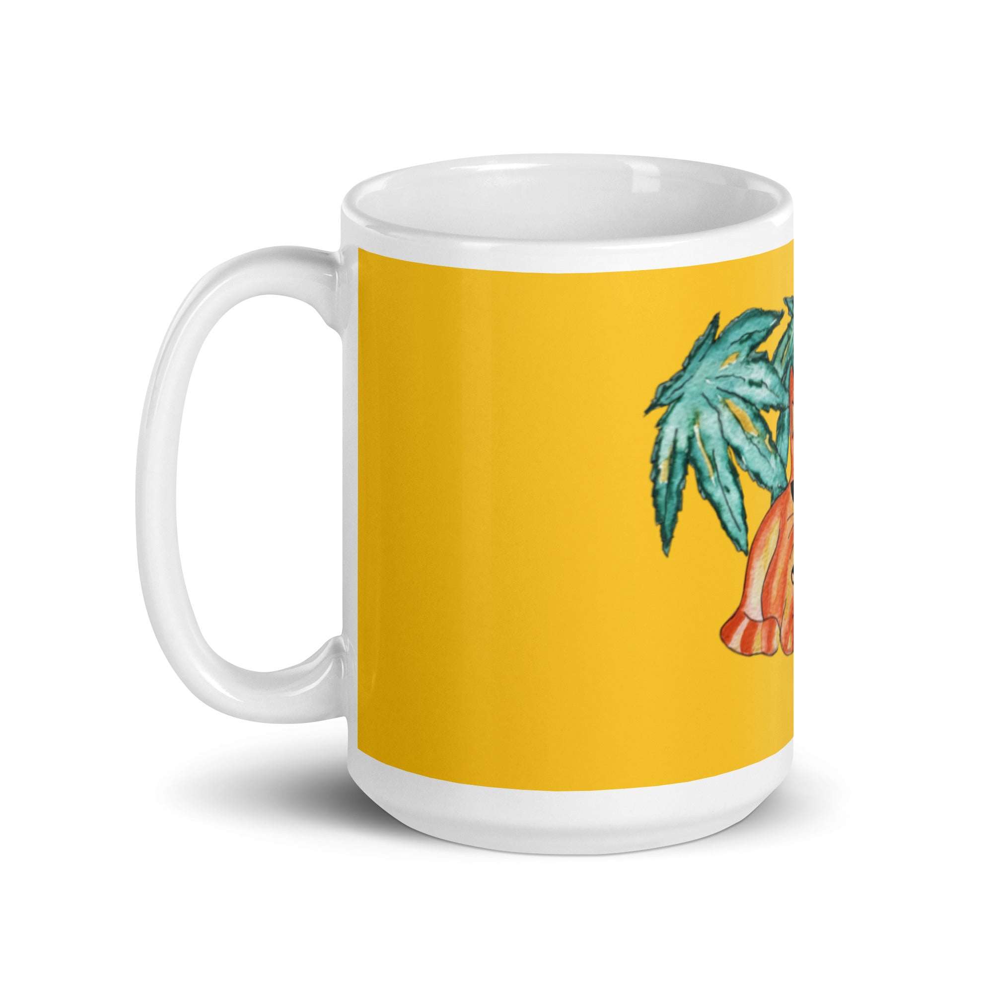 Cool Ginger Cat Mug with bright yellow background and cat illustration by Joy Calonico, ceramic and dishwasher safe