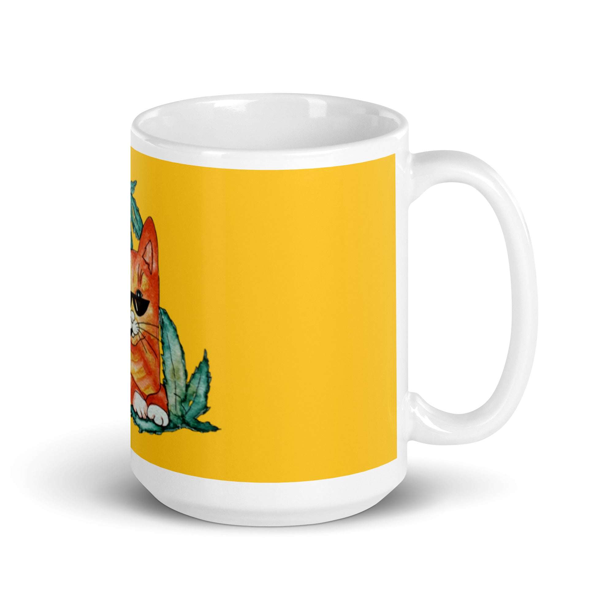 Cool Ginger Cat Mug with ginger cat illustration on yellow background, ceramic coffee cup, dishwasher and microwave safe