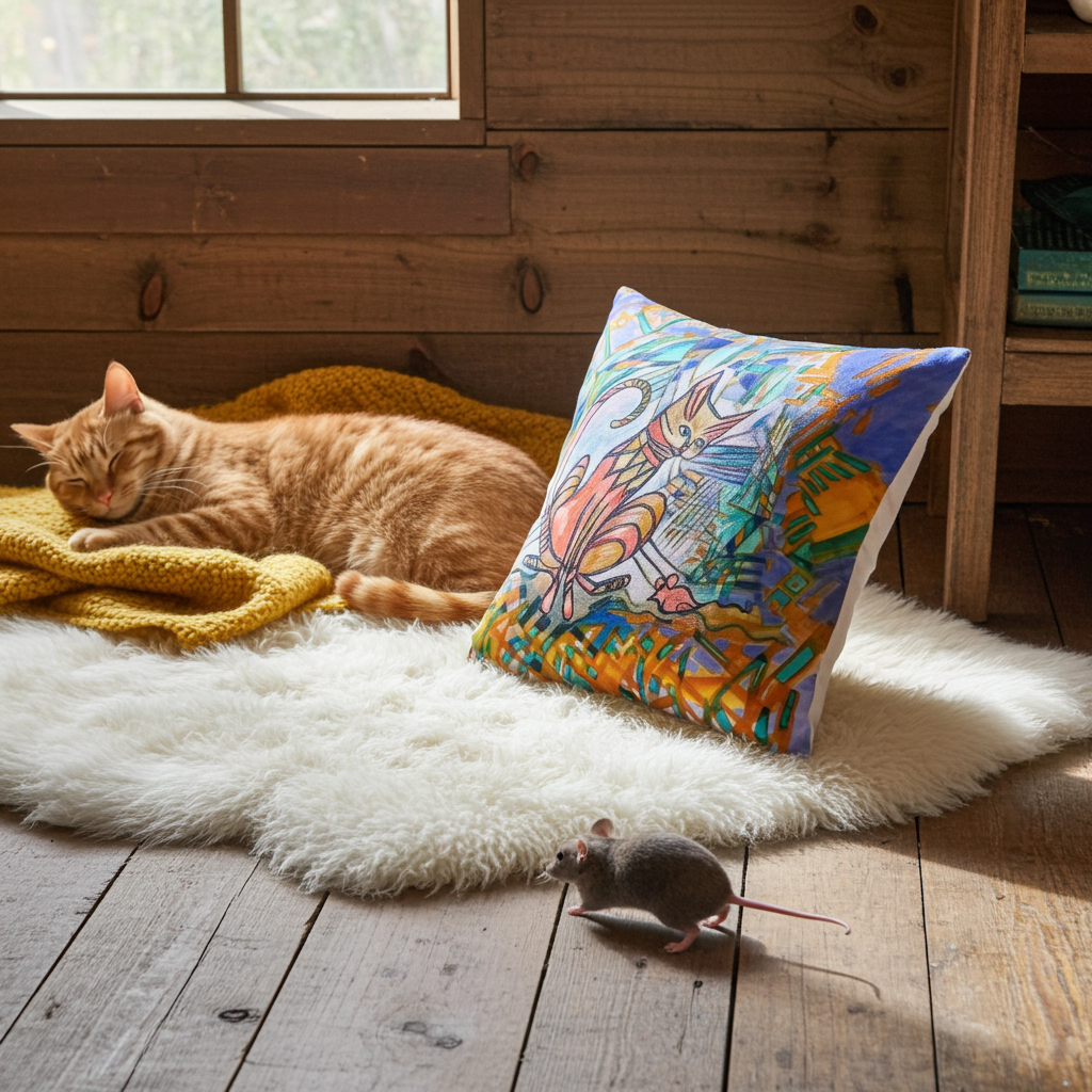 Mouser Cat Pillow with colorful cat and mouse artwork next to sleeping ginger cat on cozy rug