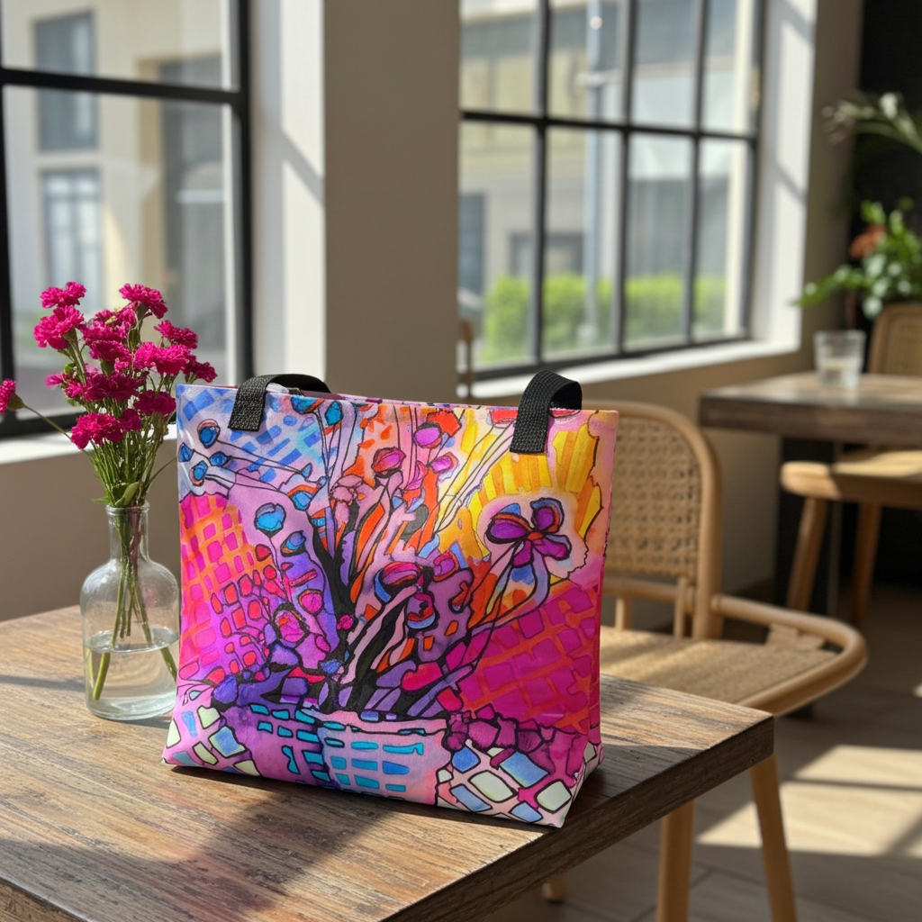 Colorful flower abstract tote bag with black handles on wooden table in bright room