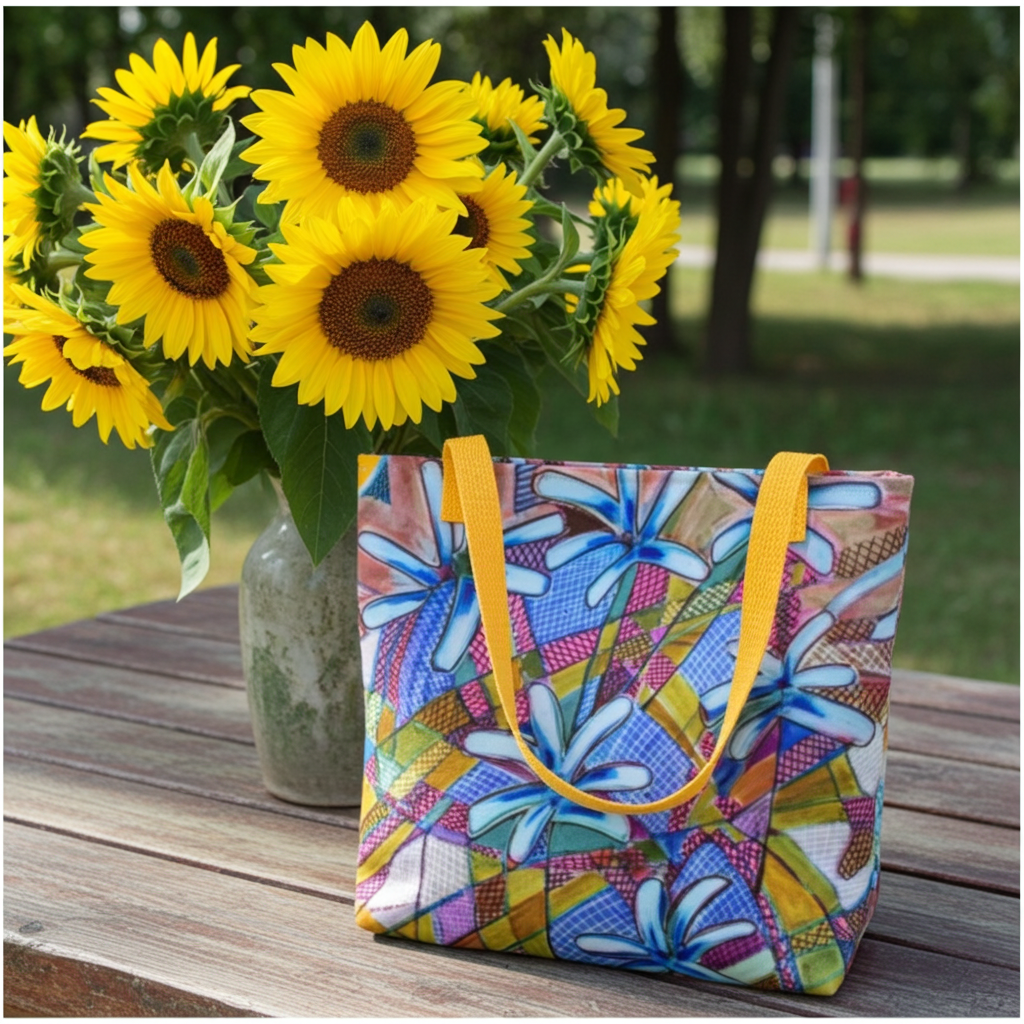 Blue Chicory Abstract Tote bag with colorful floral design and yellow handles on outdoor wooden table next to a vase of sunflowers