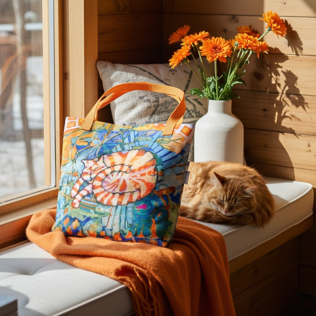 Sleeping Ginger Cat Tote Bag with colorful cat artwork and orange handles placed by a window with a sleeping ginger cat nearby