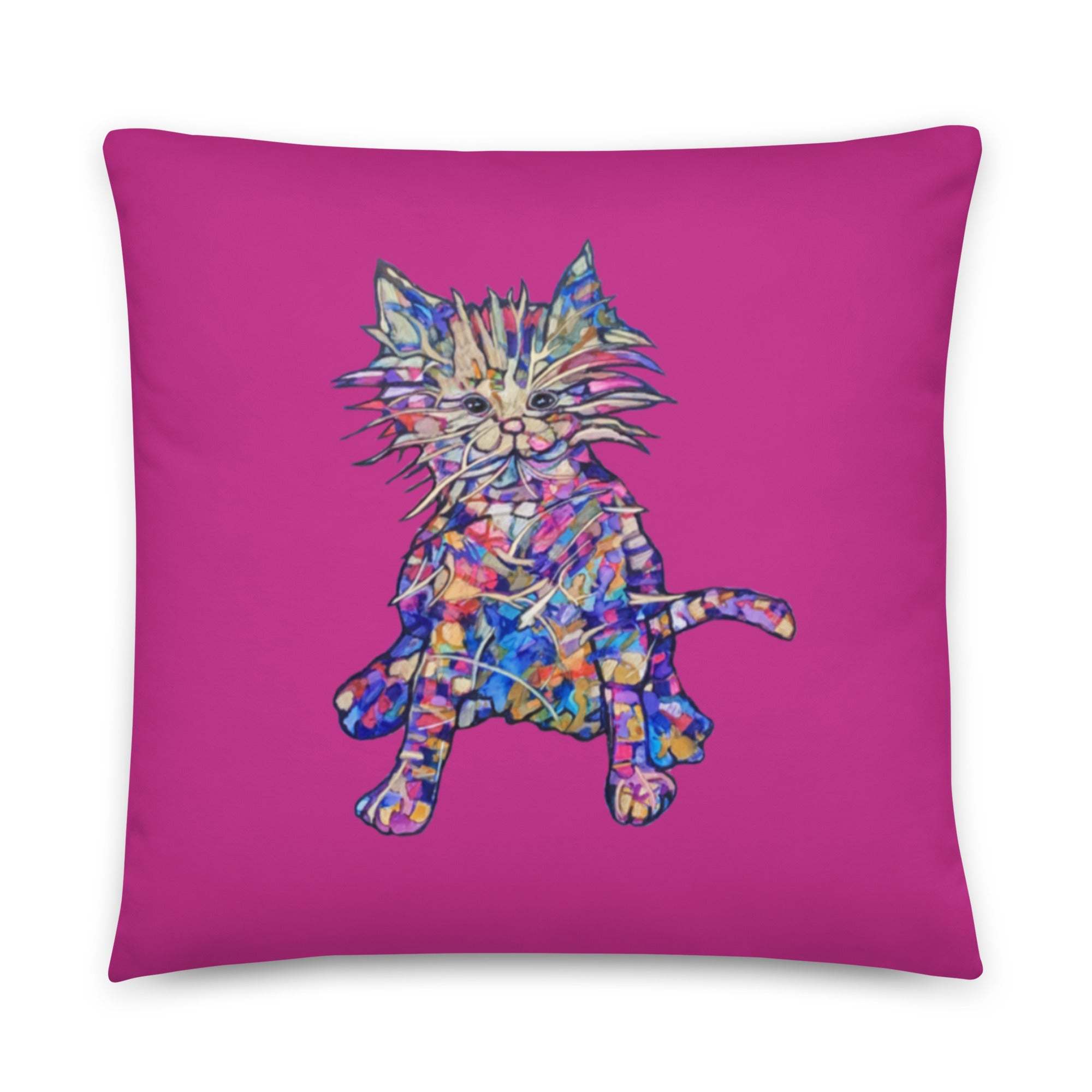 Busy Cat Pillow with colorful abstract cat design on magenta background, soft polyester fabric with hidden zipper and machine-washable cover