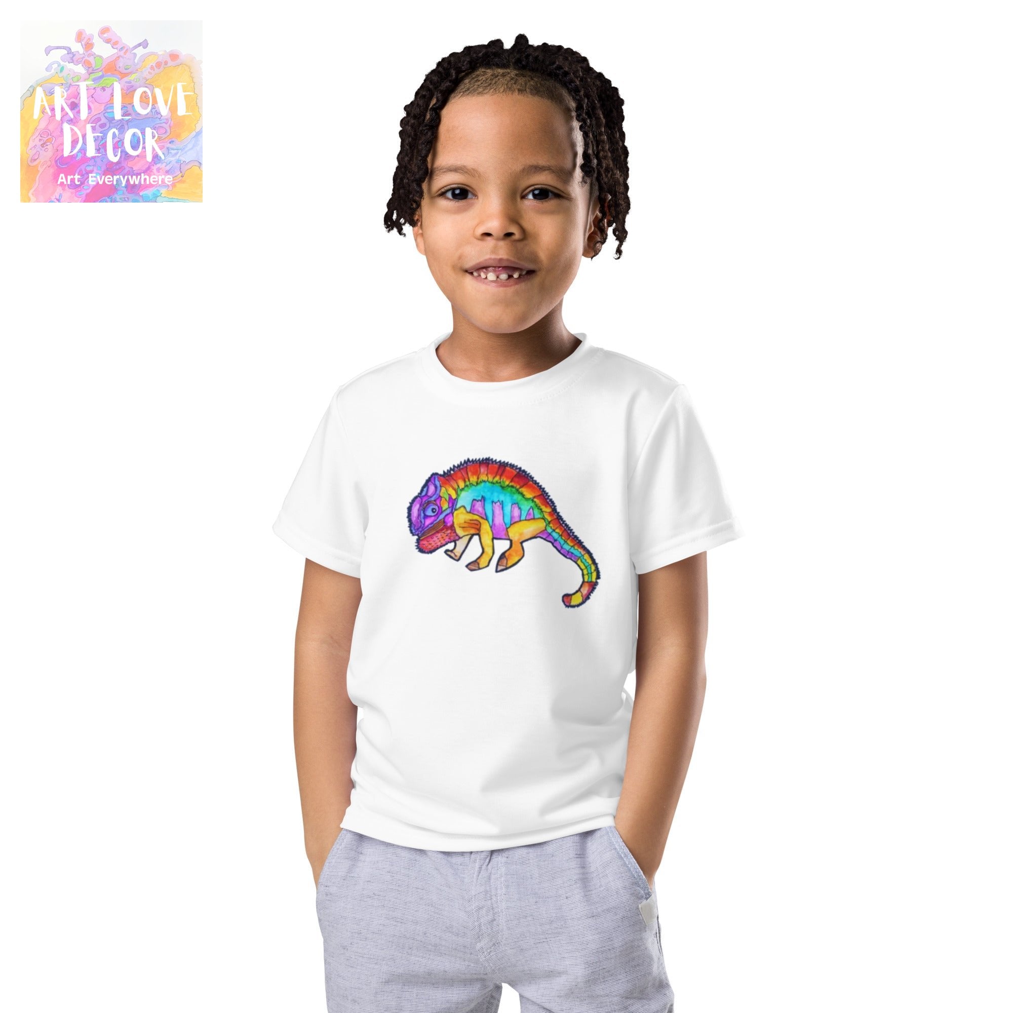 Child wearing Color Lizard Kid's T-Shirt with colorful lizard artwork on white fabric