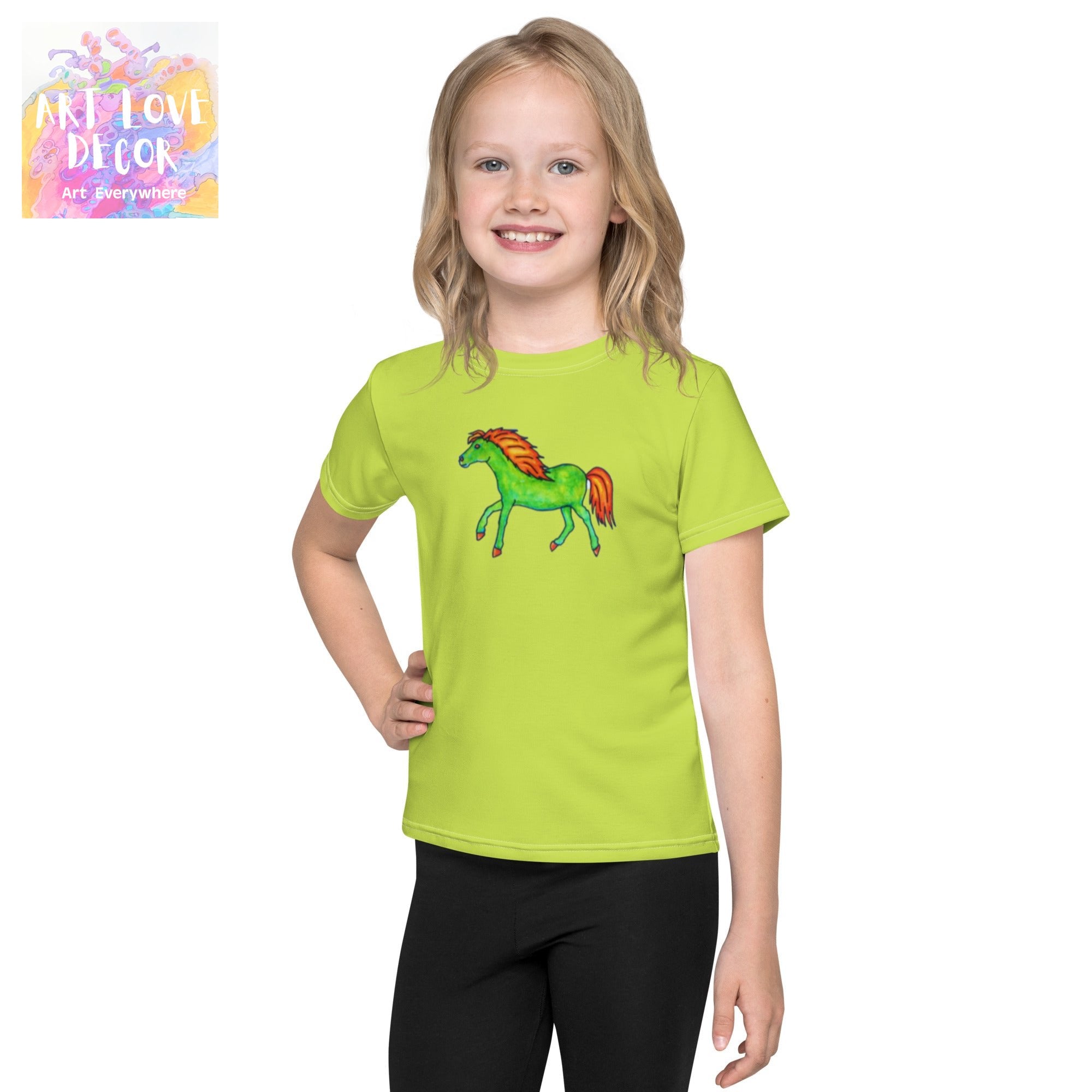Green Horse Kid's T-Shirt with colorful horse artwork worn by smiling child in lime green jersey