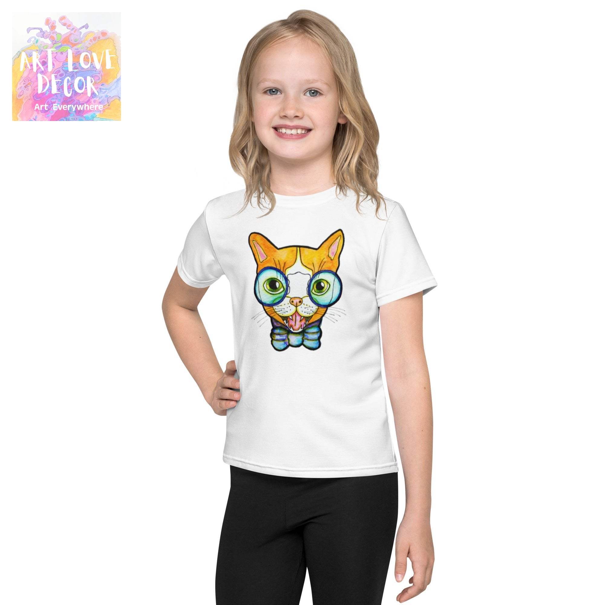 Child wearing white Cat Glasses Kids T-shirt with colorful cat design and black pants