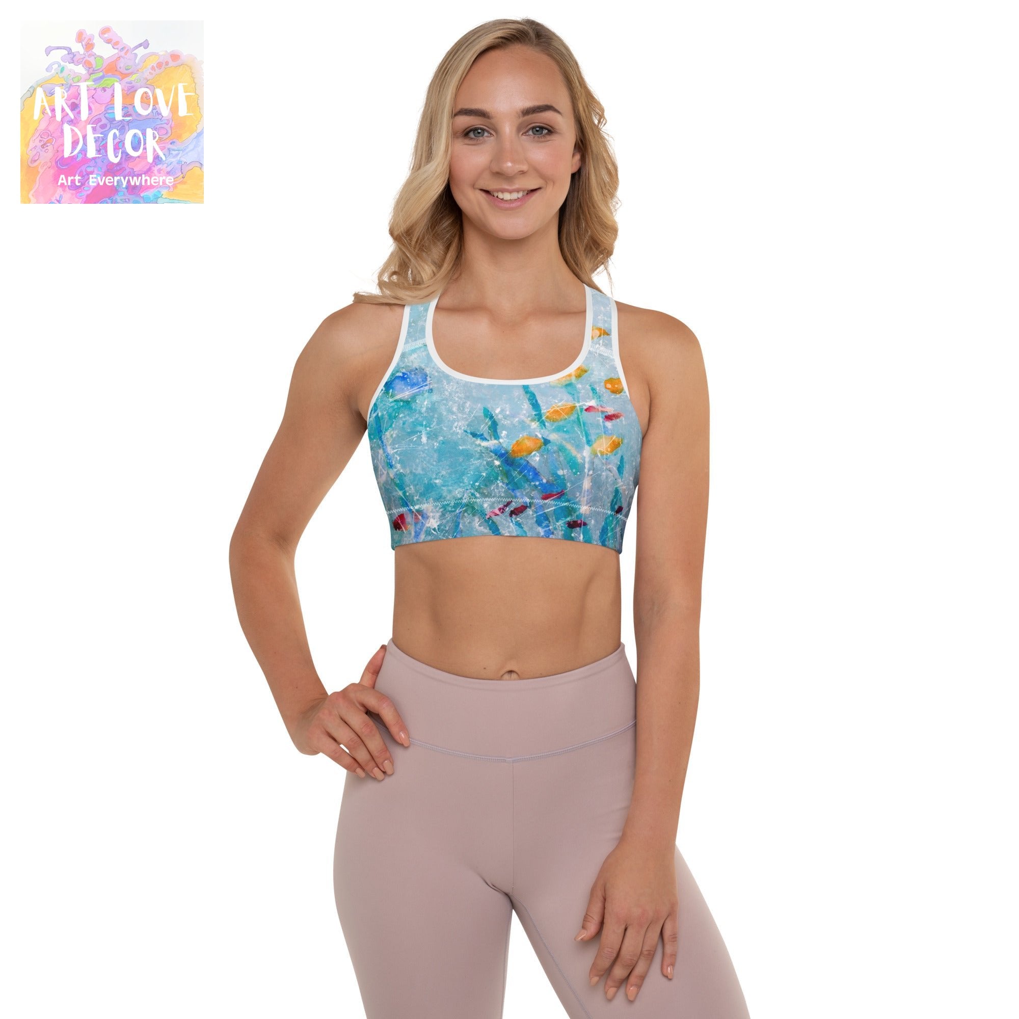 Aqua Sea Abstract Padded Sports Bra - Art Love Decor