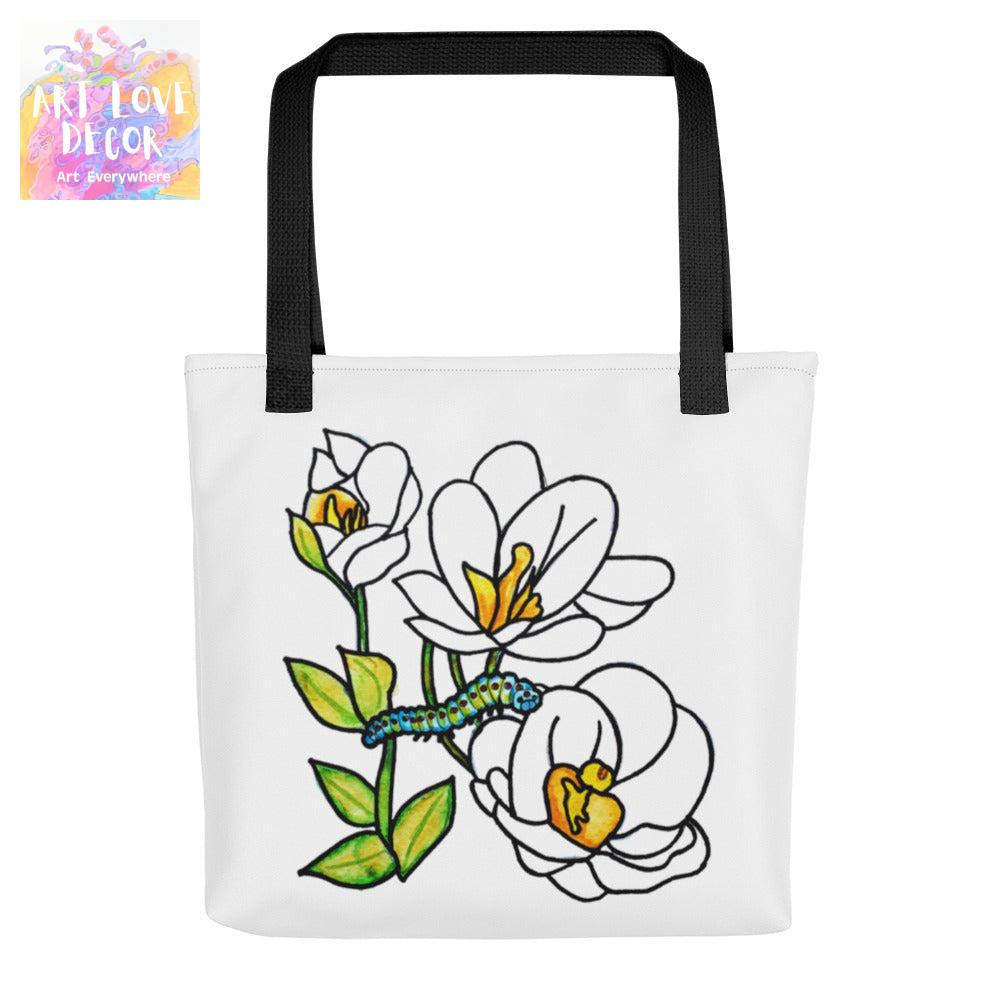 White Flowers Caterpillar Tote bag - Art Love Decor