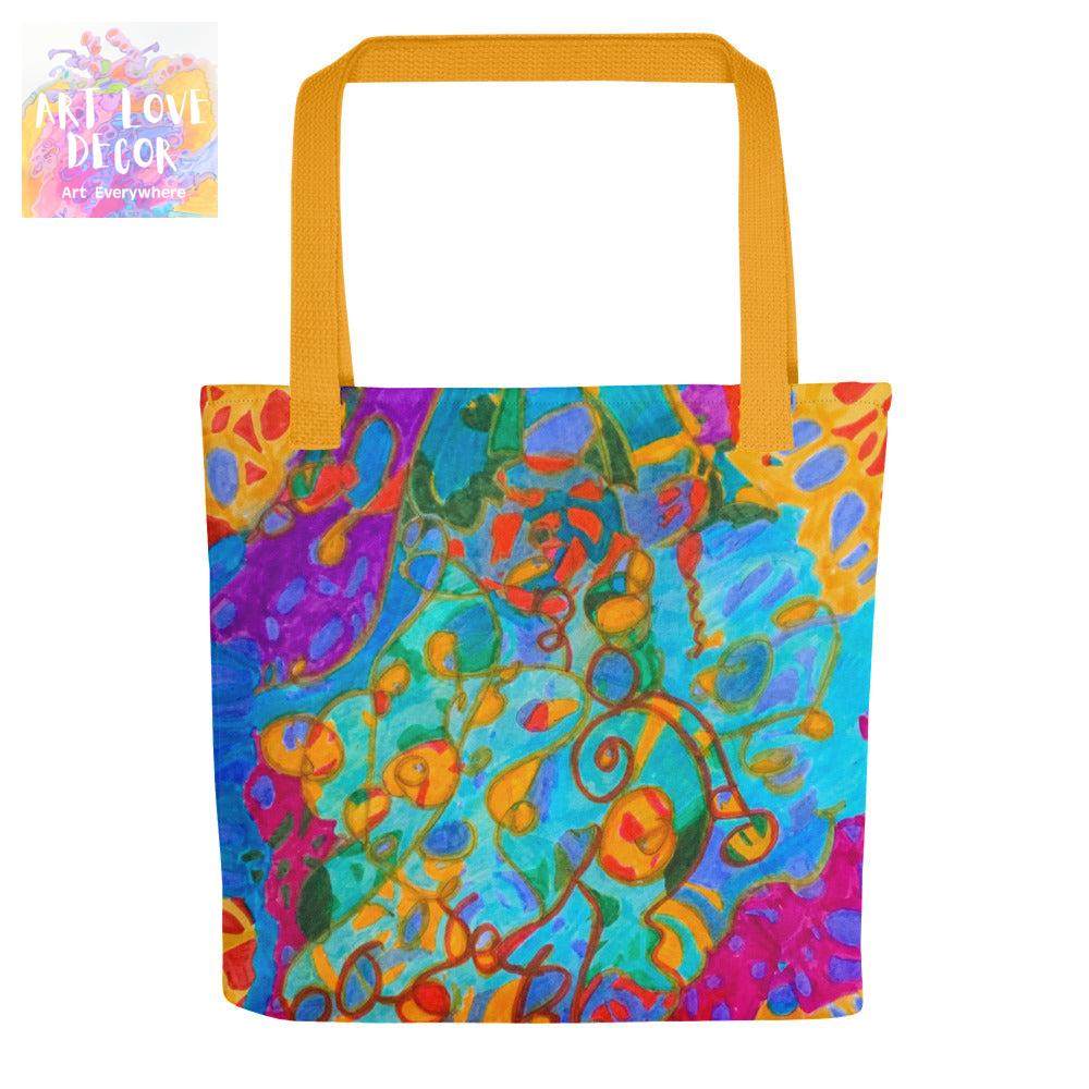 Curled Up Abstract Tote bag with colorful abstract design and orange handles