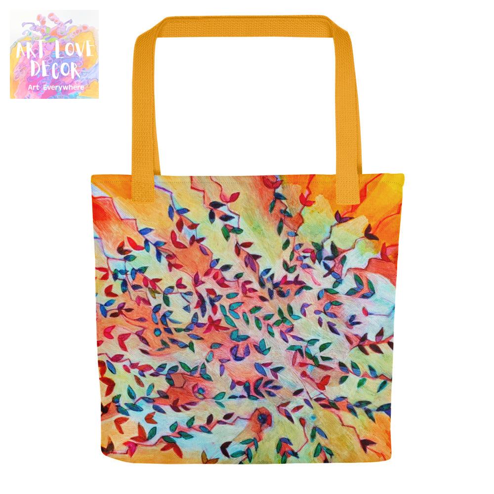 Wind Gust Abstract Tote Bag with colorful leaf pattern and orange handles by Joy Calonico