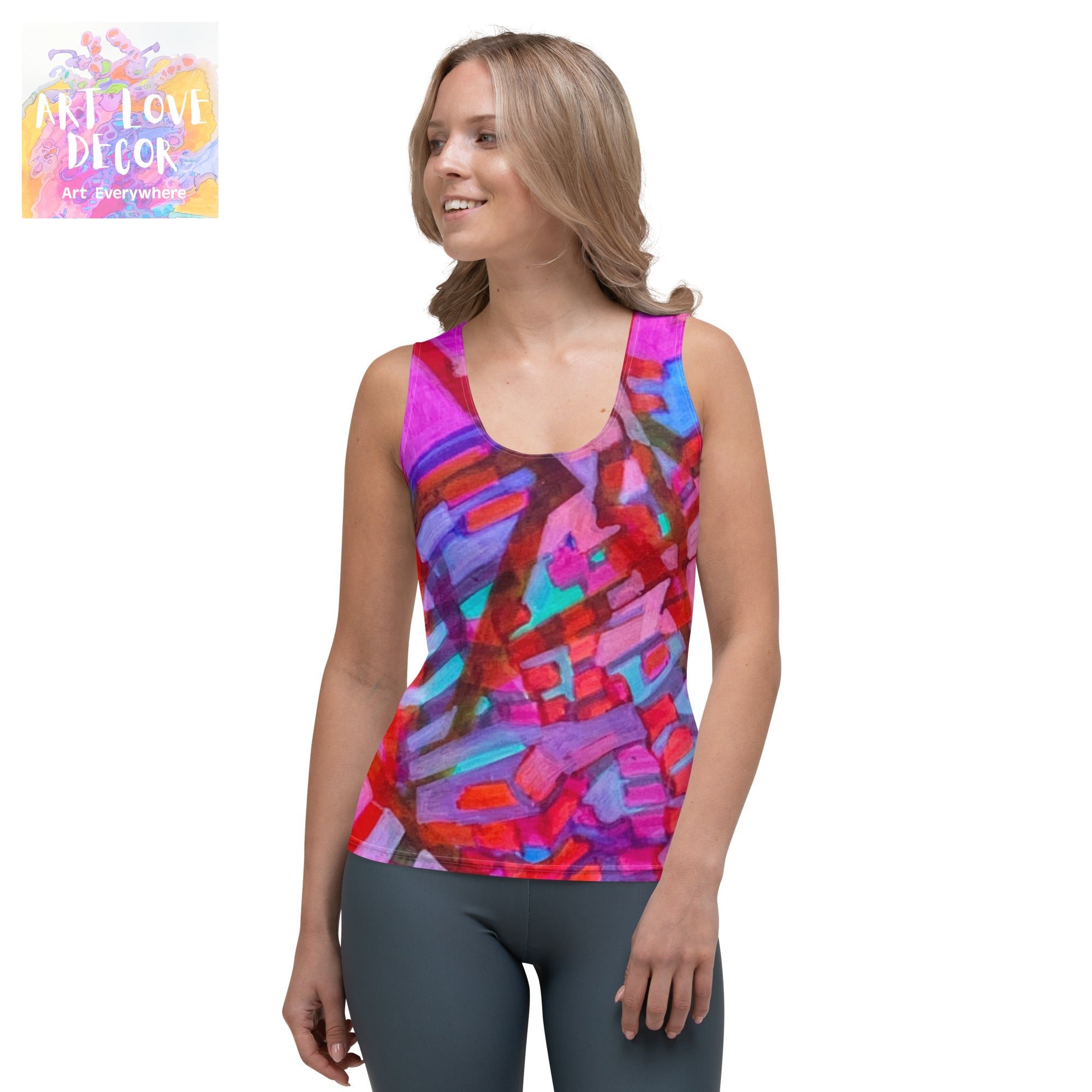 Woman wearing colorful Separation Abstract Tank Top with vibrant abstract design by Joy Calonico