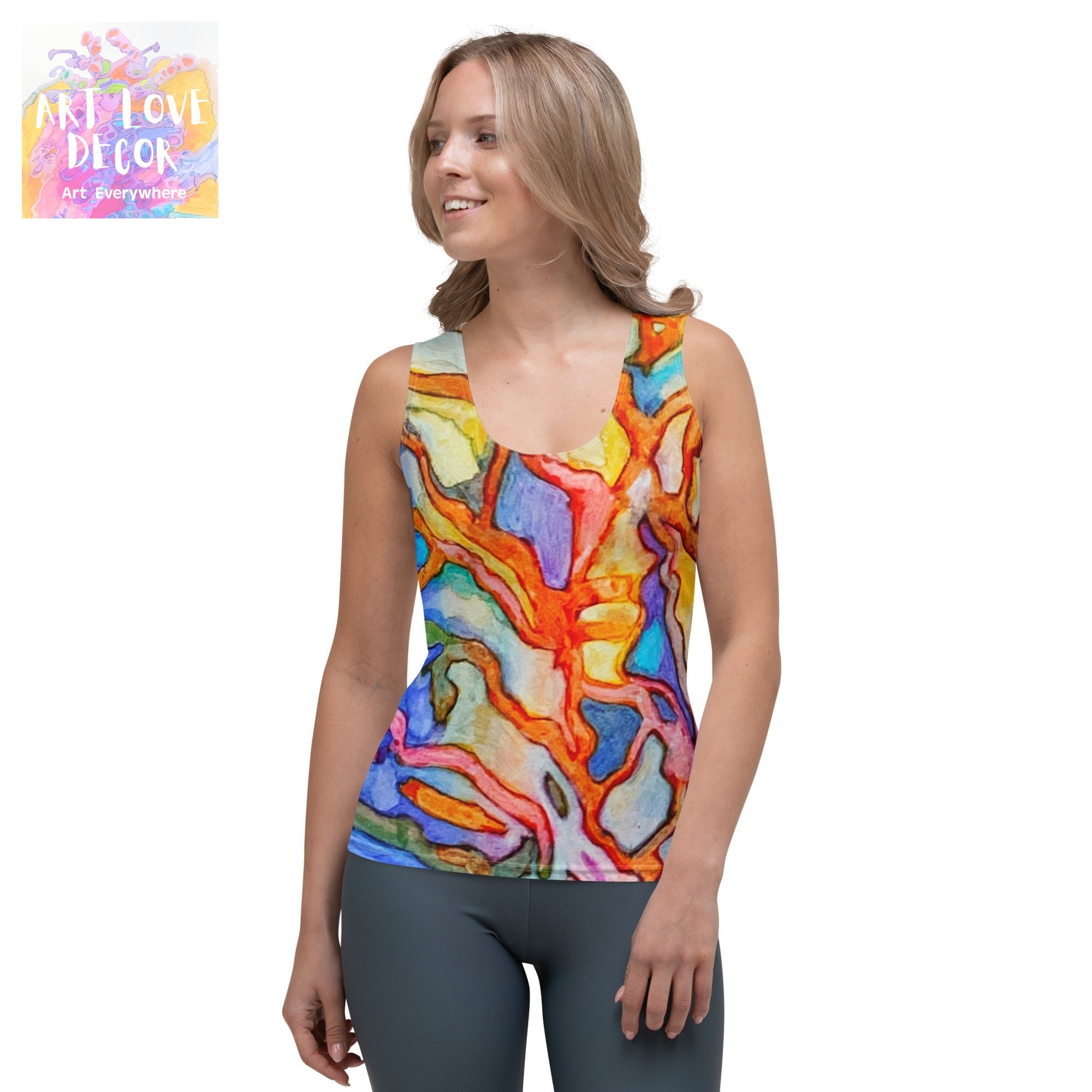 Woman wearing coral reef abstract tank top with vibrant multicolor design