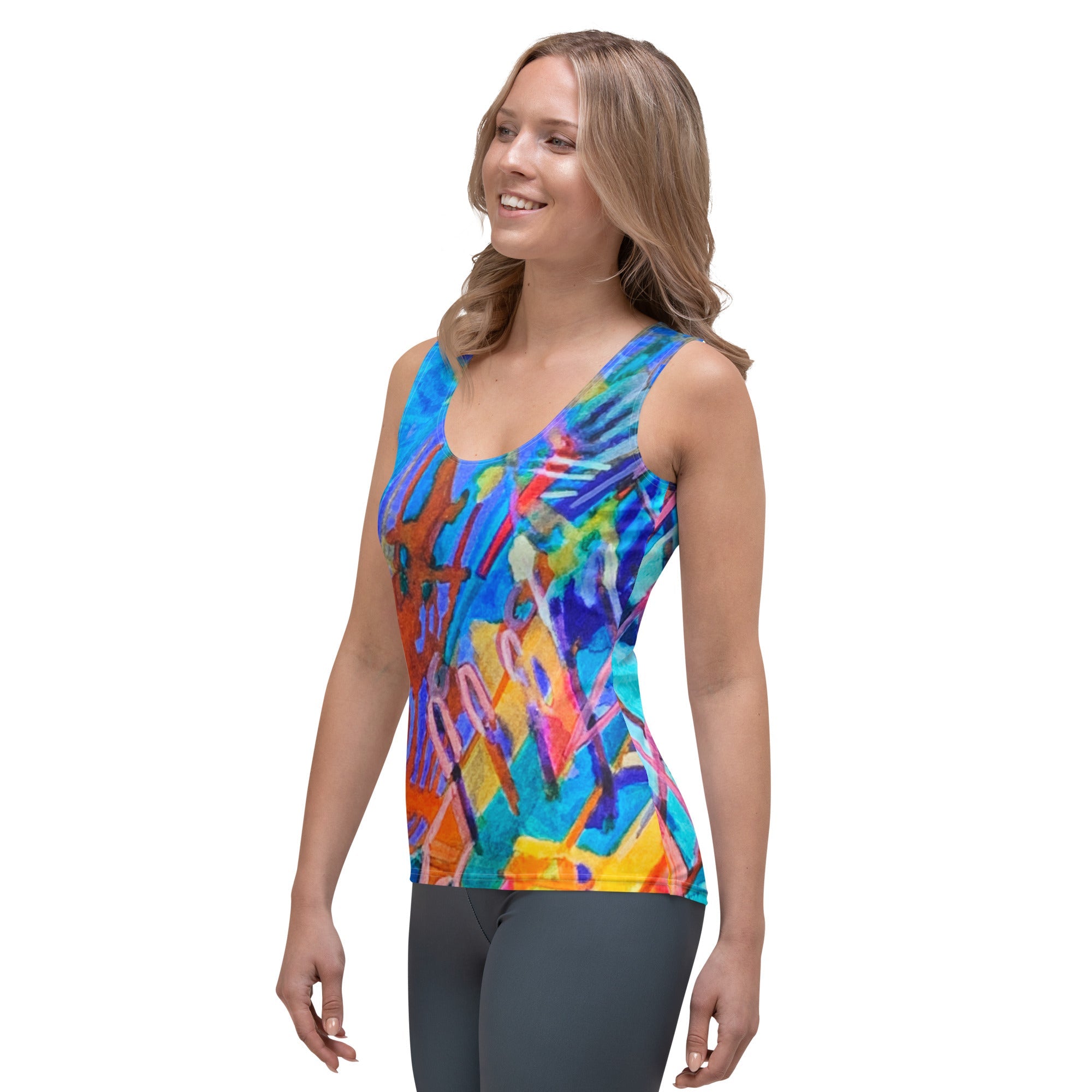 Ray of Hope Abstract Tank Top with colorful abstract artwork by Joy Calonico, body-hugging fit, four-way stretch microfiber fabric.