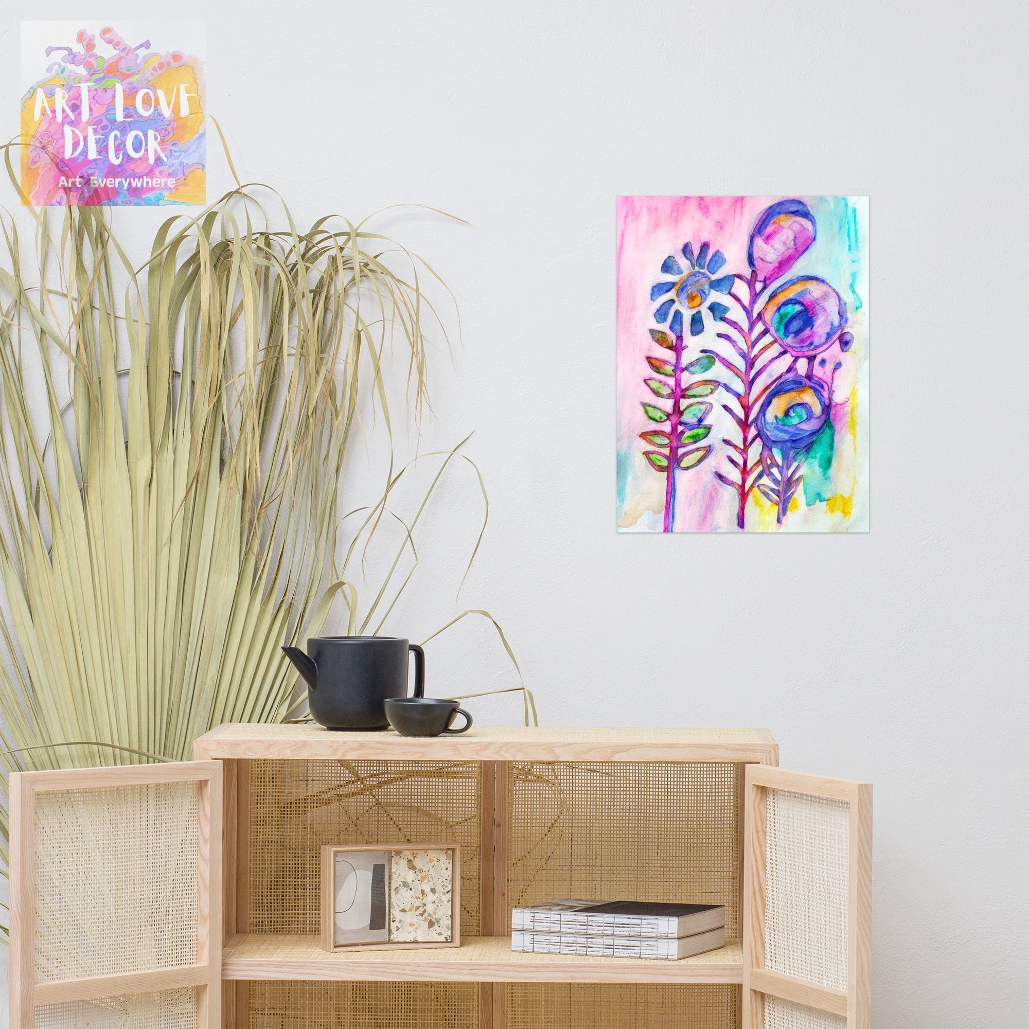 Colorful Long Stems Poster unframed artwork by Joy Calonico on wall above wooden cabinet with plants and tea set