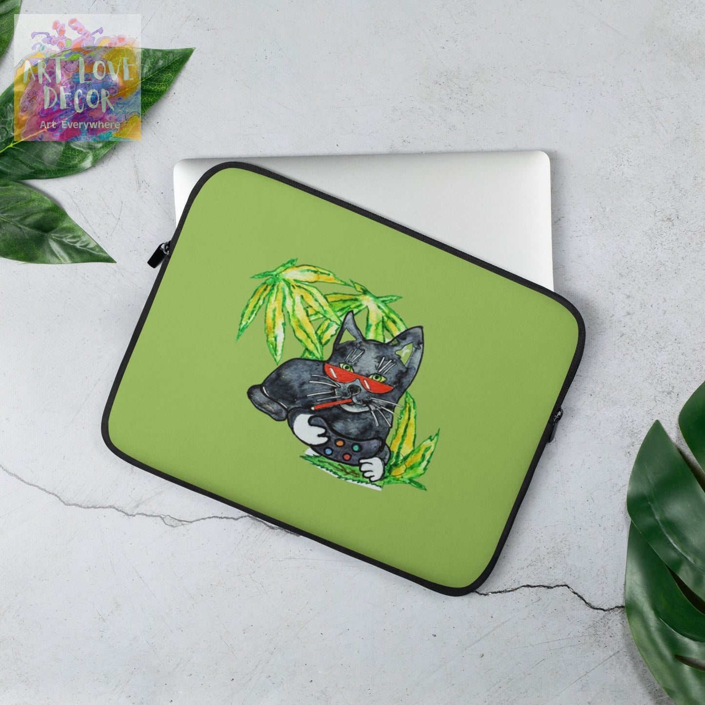 Cool Black Gamer Cat Laptop Sleeve