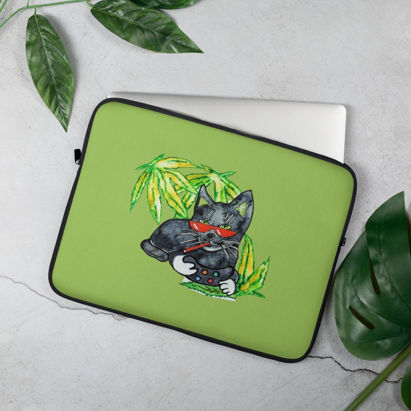 Cool Black Gamer Cat Laptop Sleeve