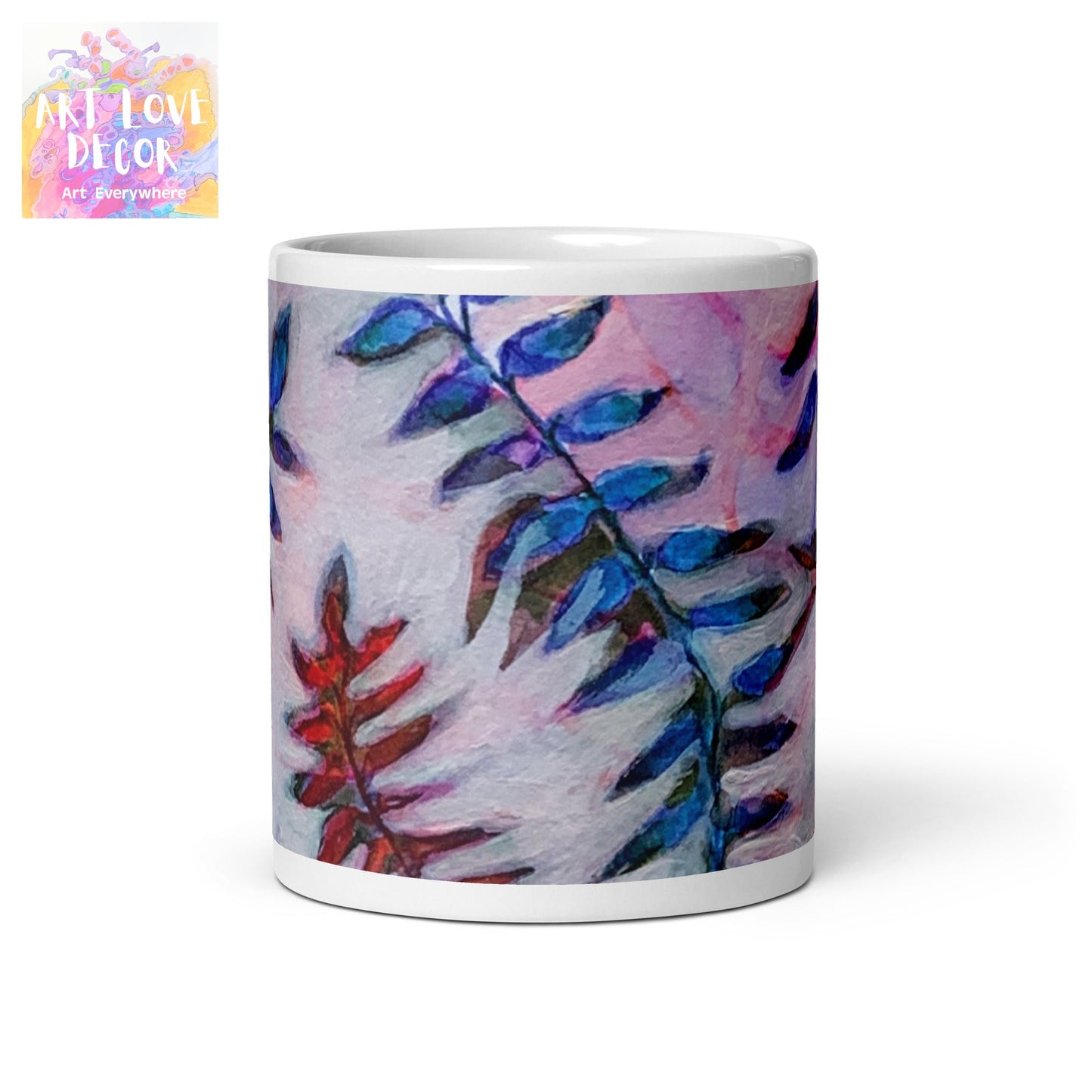 Blue Leaves Abstract White glossy mug