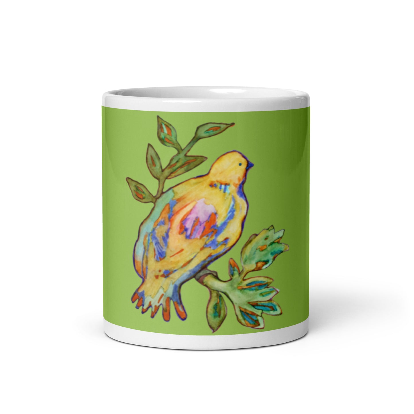 Yellow Bird green glossy mug