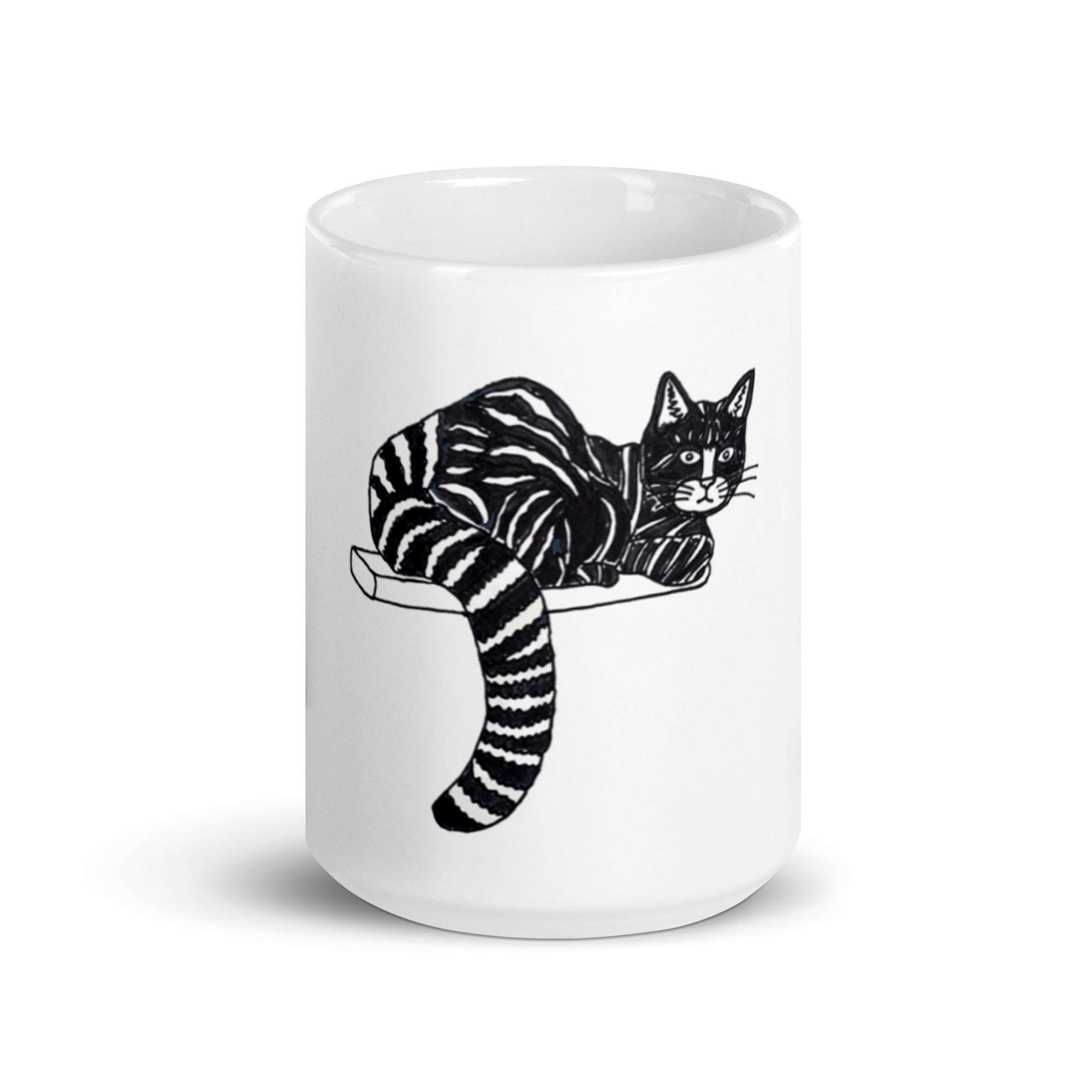 white ceramic mug with black striped cat illustration by Joy Calonico, 11 oz and 15 oz sizes, microwave and dishwasher safe