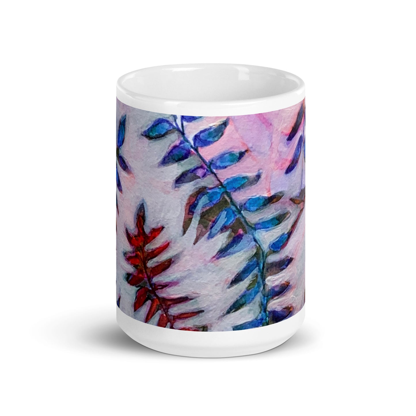 Blue Leaves Abstract White glossy mug