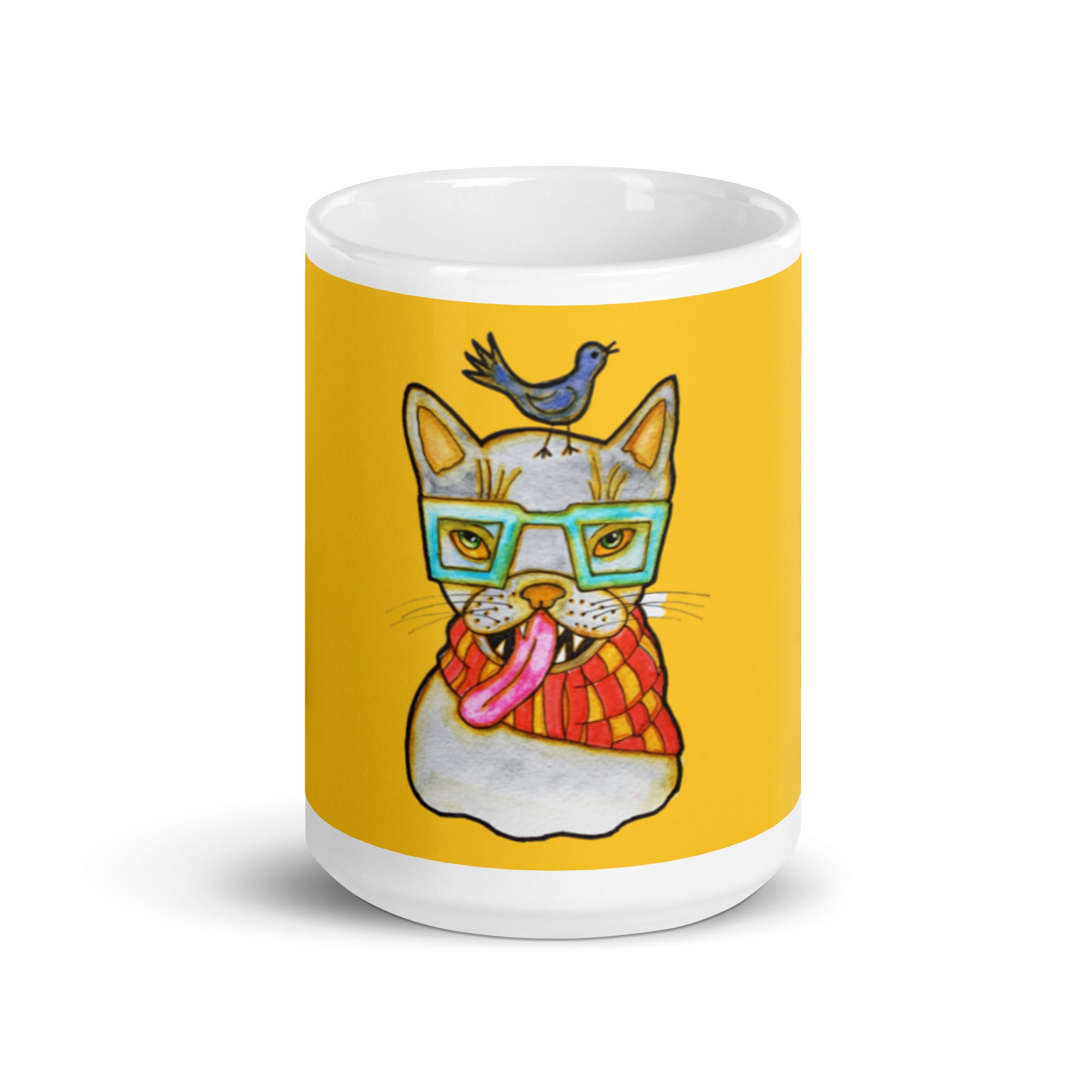 Kitty Cat Bird White glossy mug - Art Love Decor