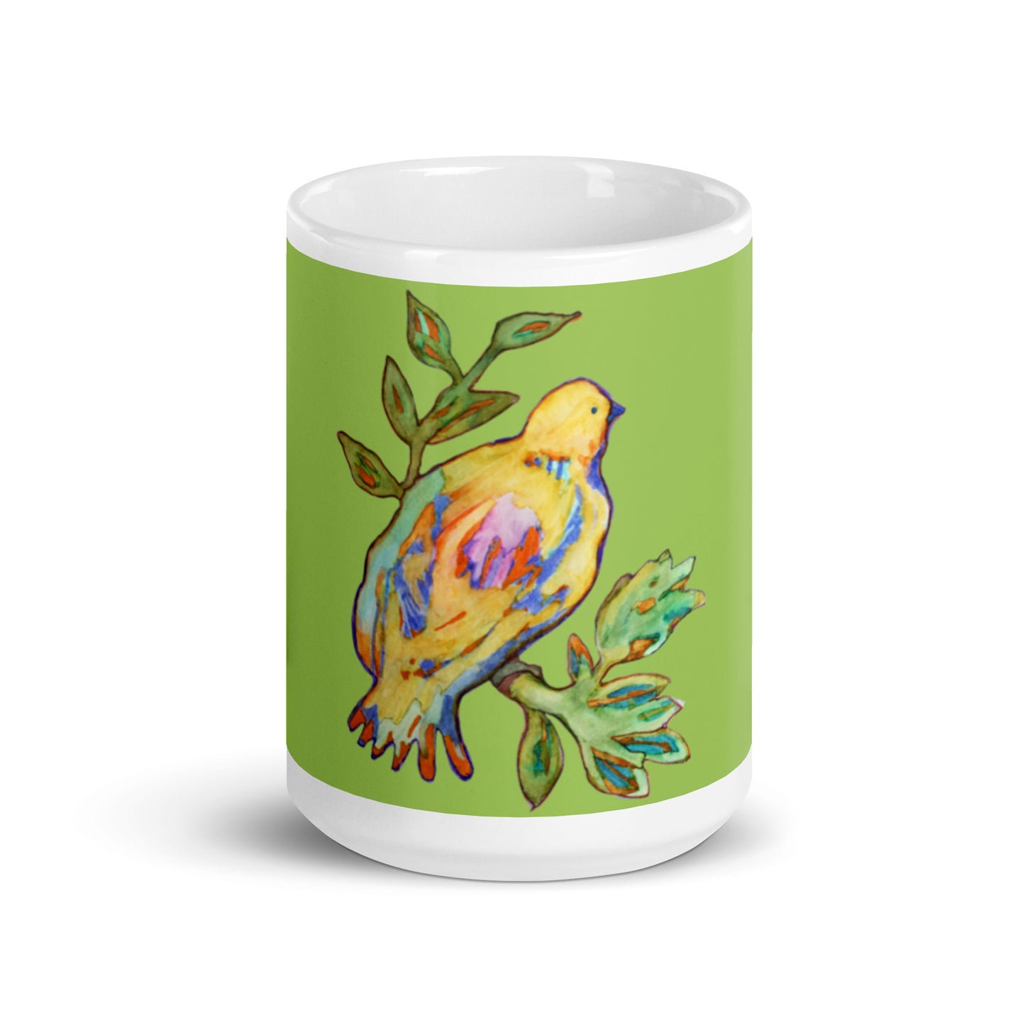 Yellow Bird green glossy mug