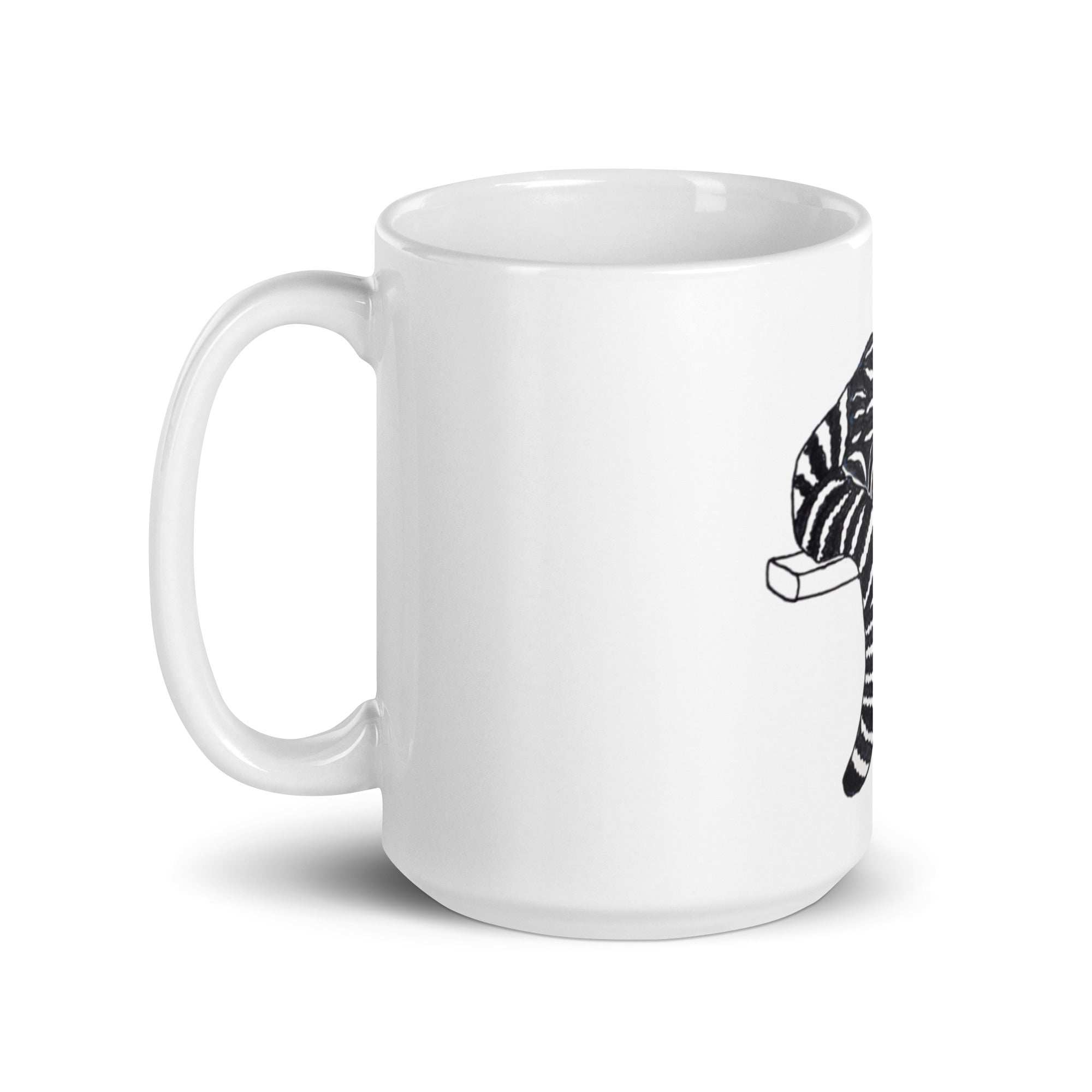 White ceramic mug with black striped cat artwork by Joy Calonico, dishwasher and microwave safe