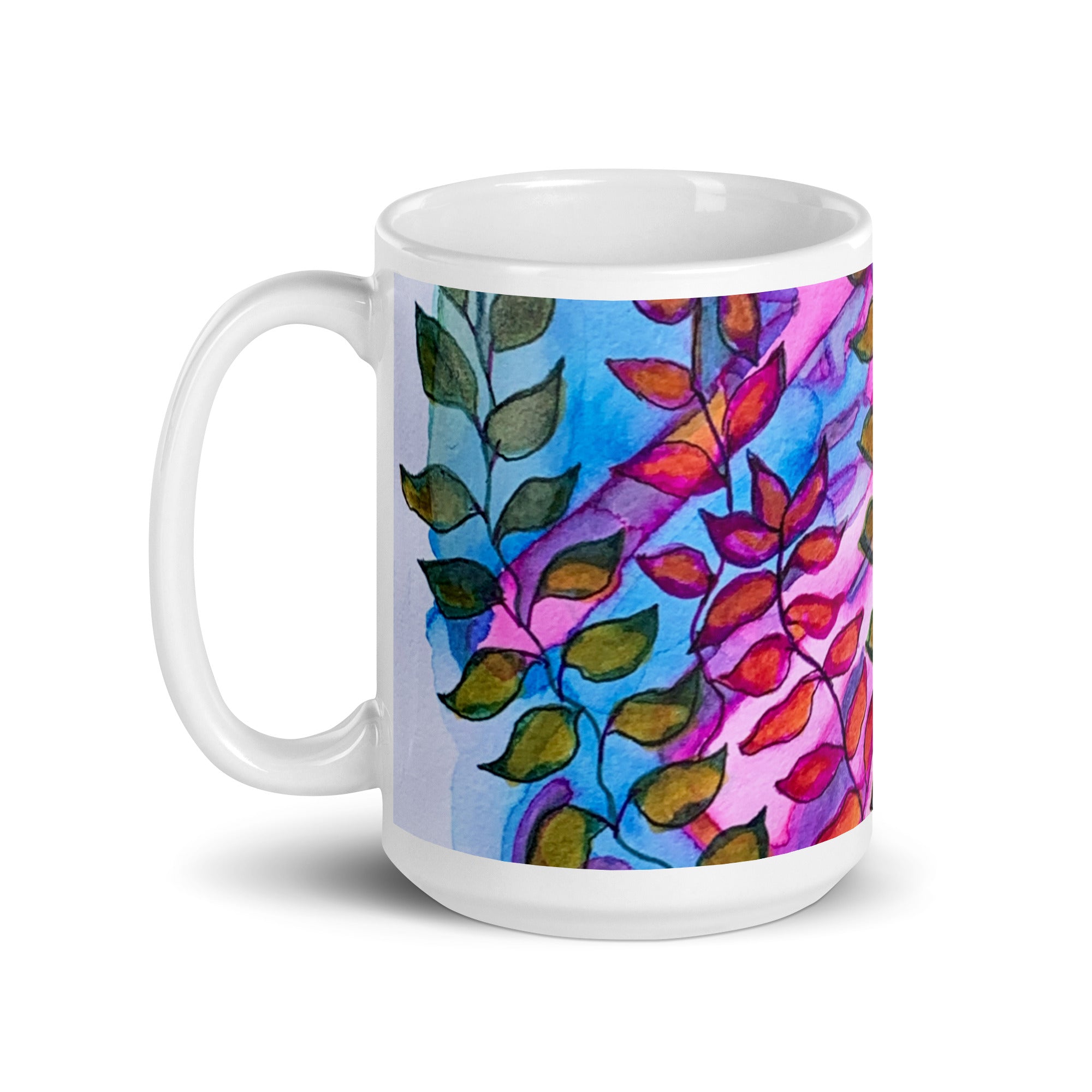 Leaves Pink White glossy mug - Art Love Decor