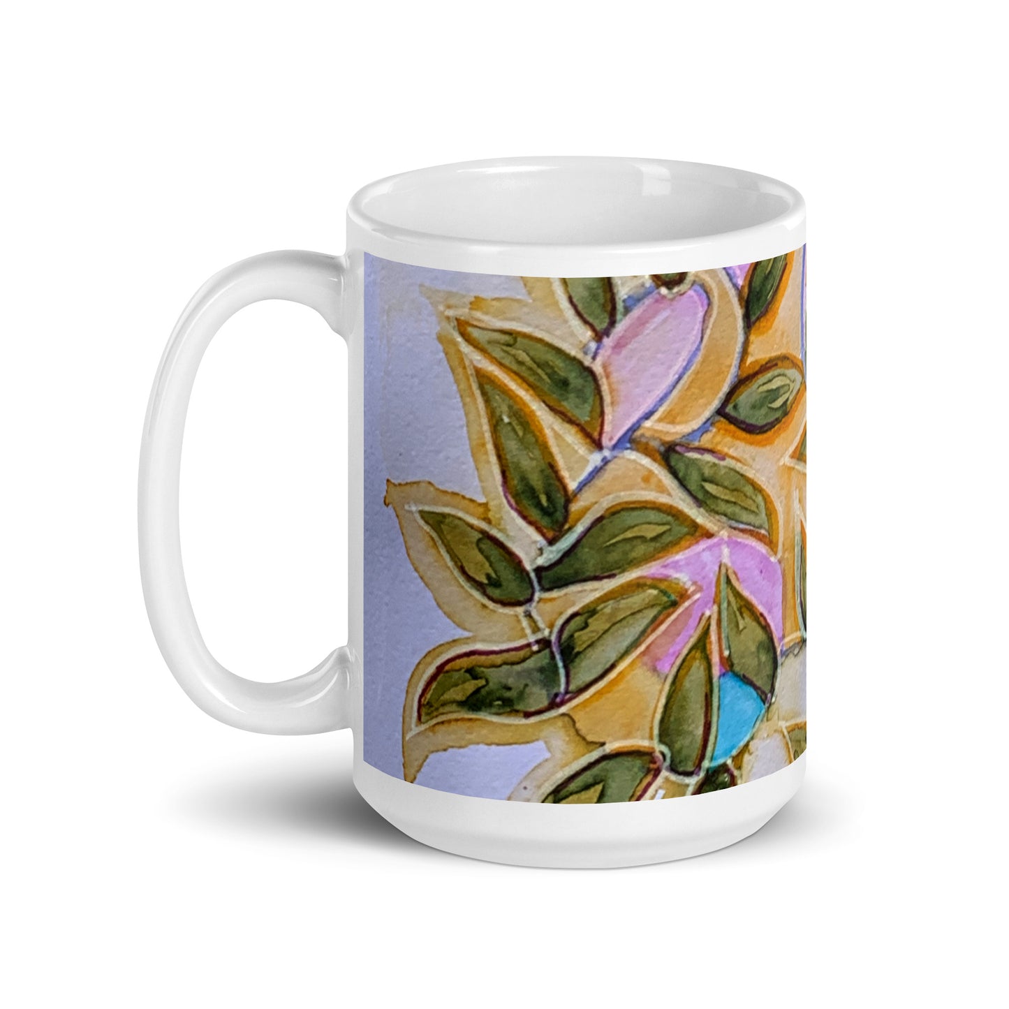 Leaves Buds Abstract White glossy mug
