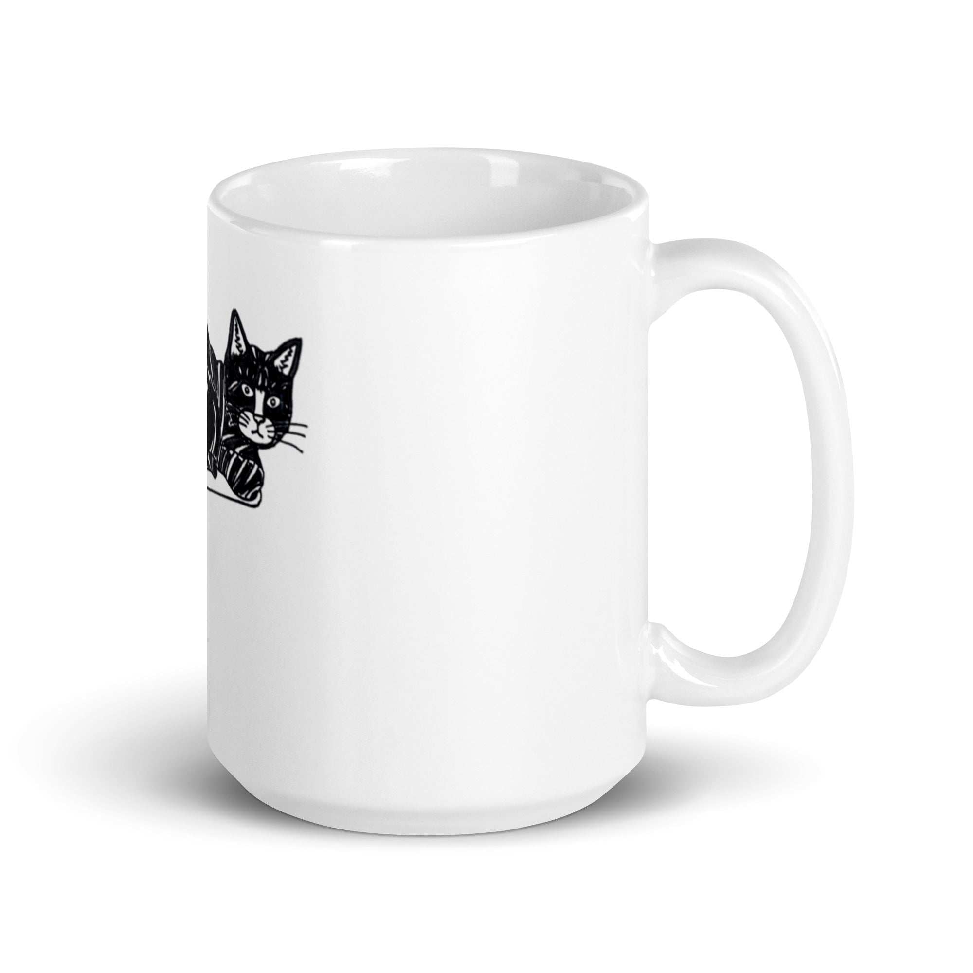 White ceramic striped cat mug with black cat artwork by Joy Calonico, microwave and dishwasher safe