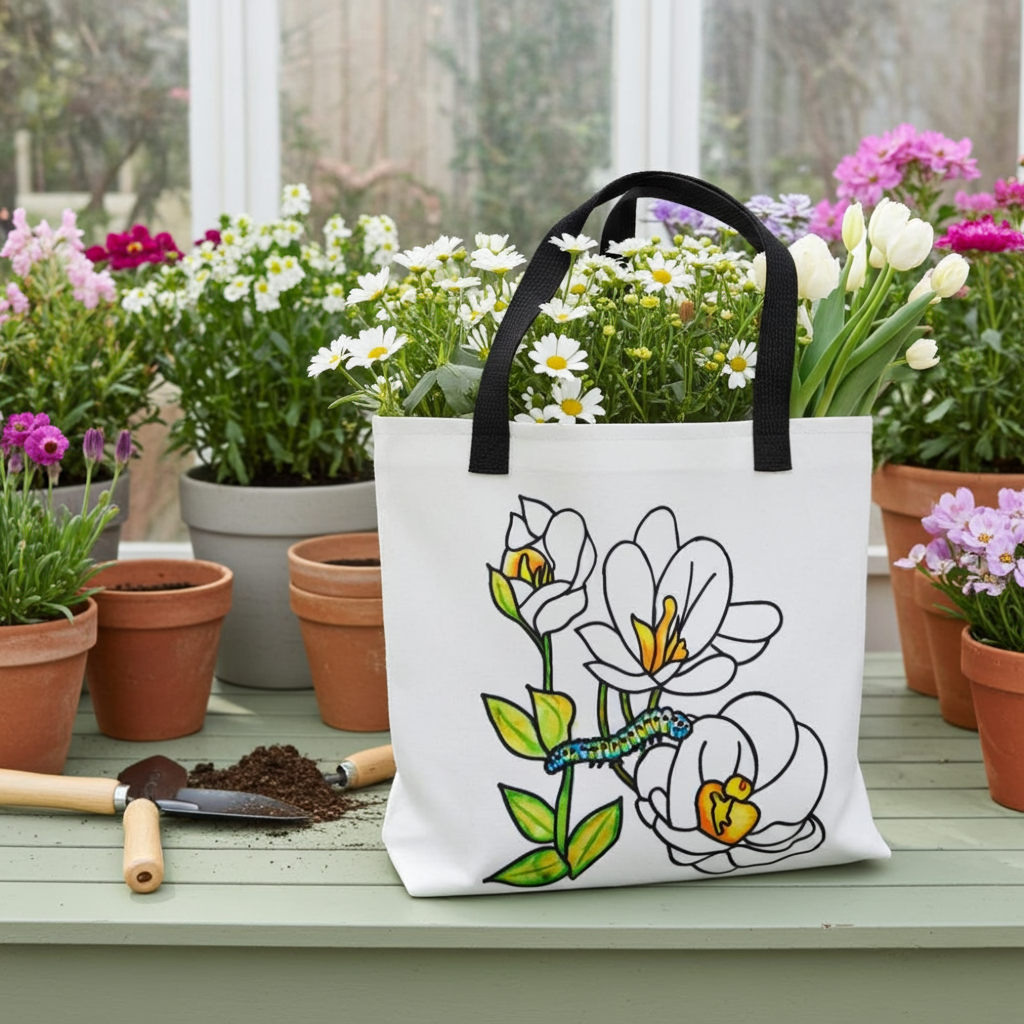 White Flowers Caterpillar Tote bag