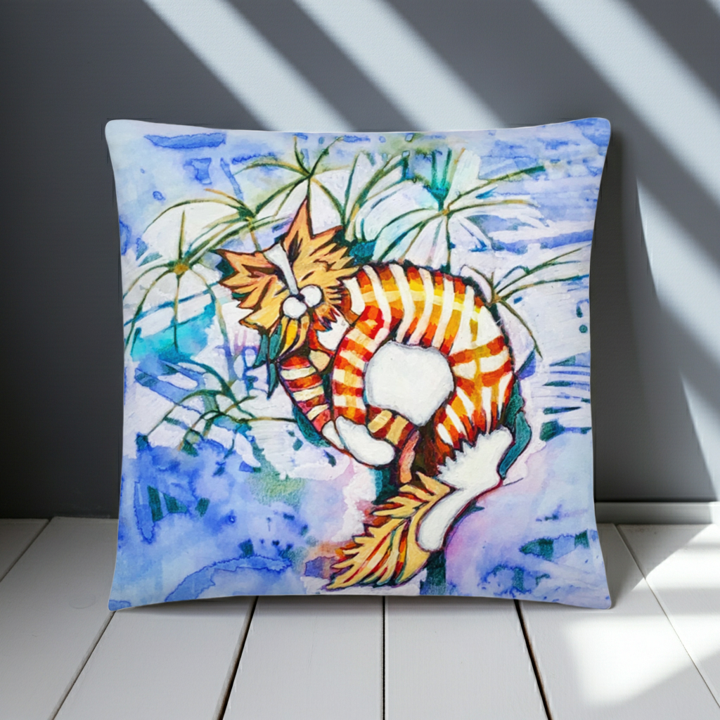 Orange Tabby Cat Pillow with colorful abstract artwork by Joy Calonico on soft fabric case