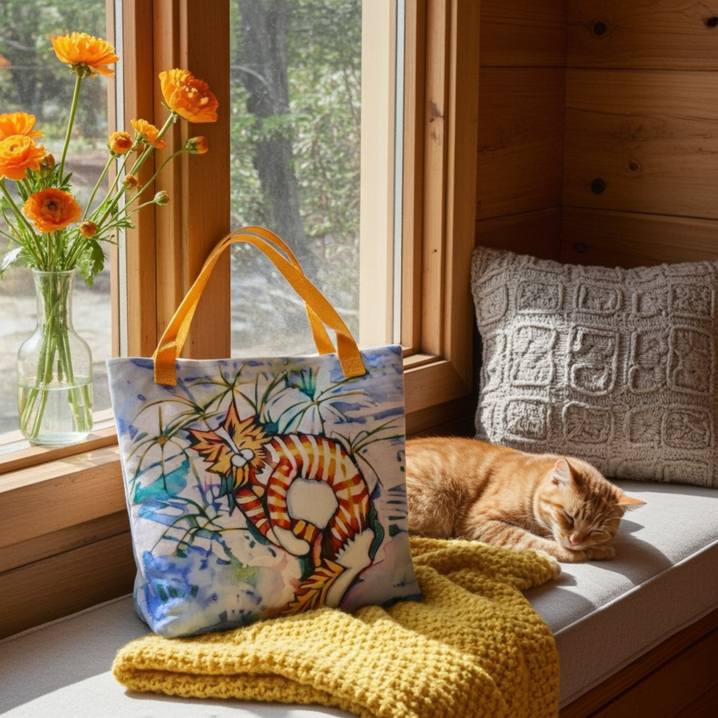 Orange Tabby Cat Tote bag with artwork by Joy Calonico displayed on a cozy window seat next to a sleeping orange tabby cat and yellow knit blanket
