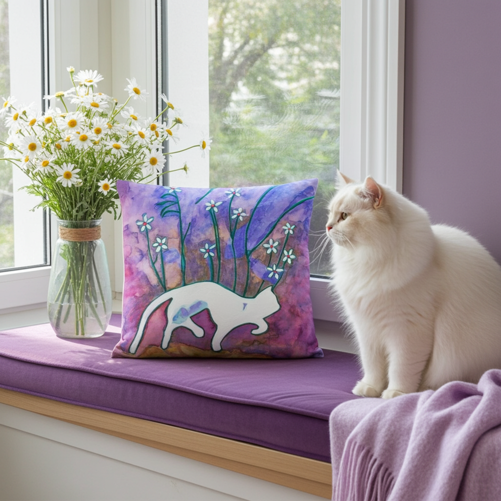 Sneaky Cat Pillow with white cat design on purple floral background on a window seat next to a white cat and daisies