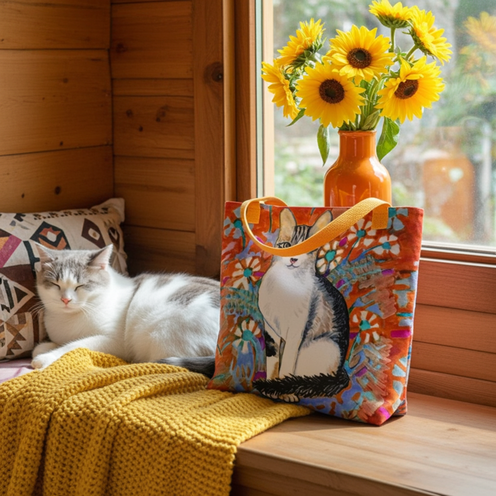 Daisy Cat Tote Bag with colorful cat artwork by Joy Calonico placed on a wooden windowsill next to a sleeping white and gray cat and a vase of sunflowers